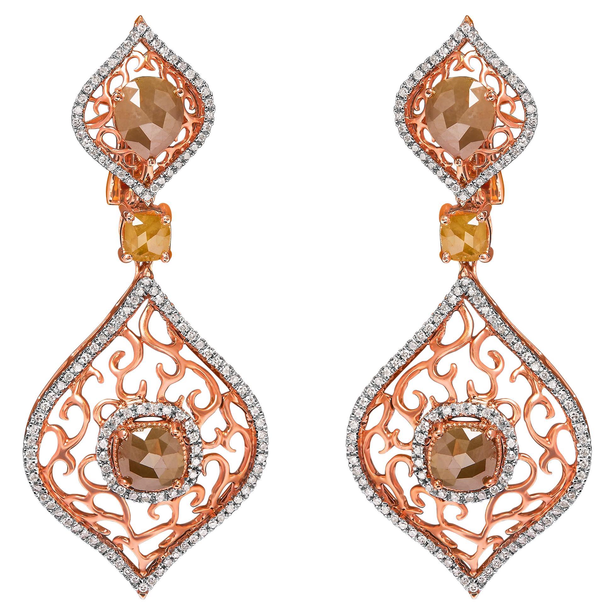 14K Rose Gold 6 7/8 Carat Diamond Double Curve Rhombus Drop and Dangle Earring For Sale