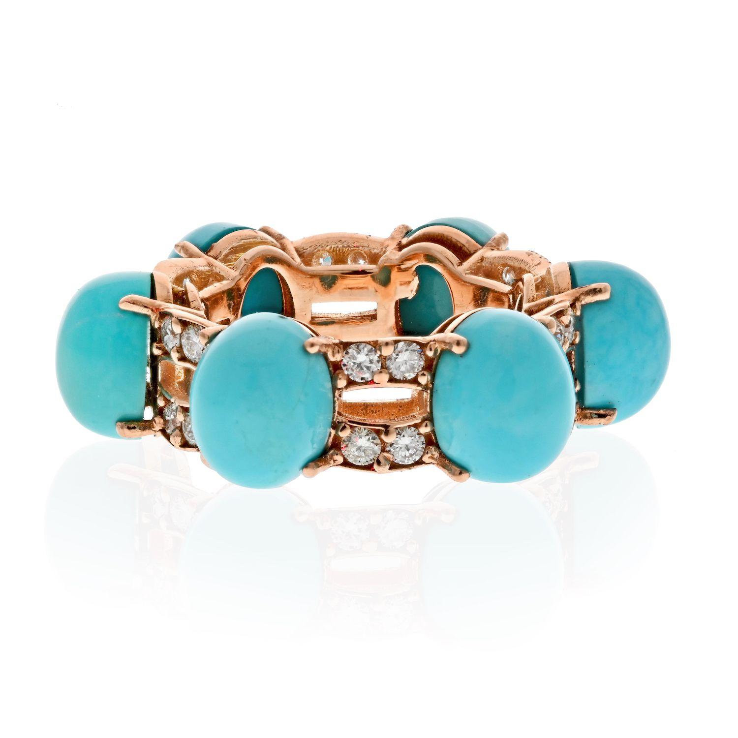 Fun estate ring with turquoise and diamonds made in 14k rose gold.
Mounted with cabochon cut turquoise stones and diamonds going full circle around. 
Ring Width: 9mm
Sits 8mm off the finger. 
Size 7