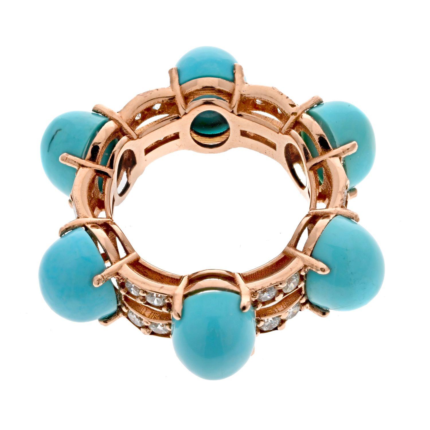 Modern 14K Rose Gold 6 Cabochon Turquoise Diamond Ring For Sale