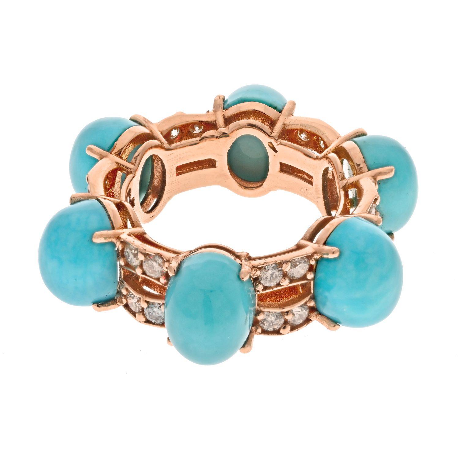 Round Cut 14K Rose Gold 6 Cabochon Turquoise Diamond Ring For Sale