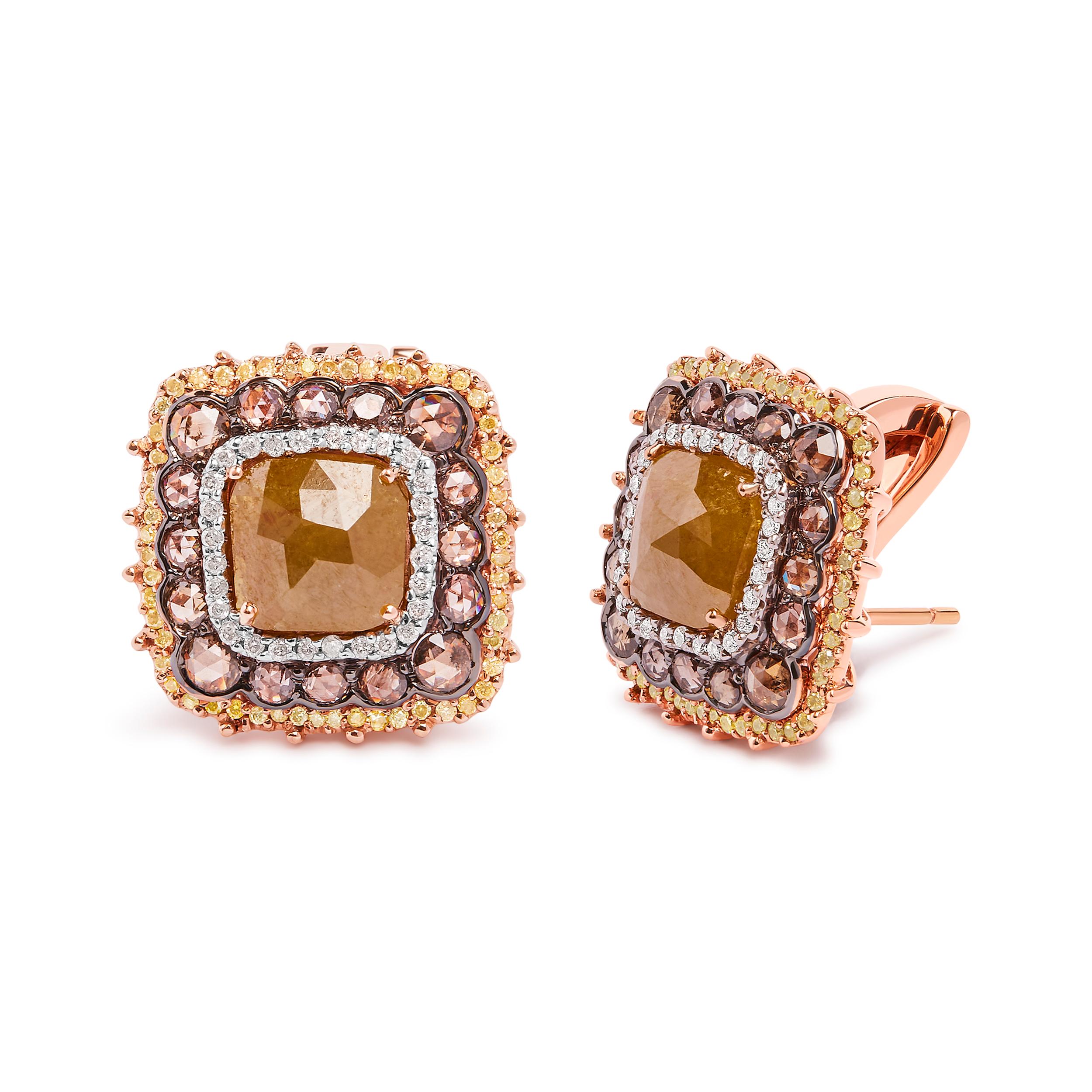 Introducing a captivating masterpiece that will adorn your ears with unparalleled elegance. Crafted in 14K rose gold, these stud earrings showcase the enchanting beauty of fancy rose cut diamonds. With a remarkable 6.00 cttw, these precious gems are