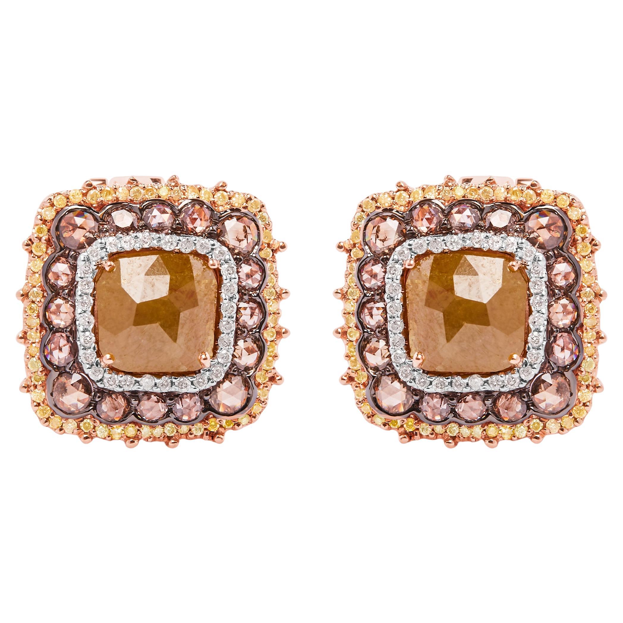 14K Rose Gold 6.00 Carat Fancy Diamond Cushion Shaped Triple Halo Stud Earrings For Sale