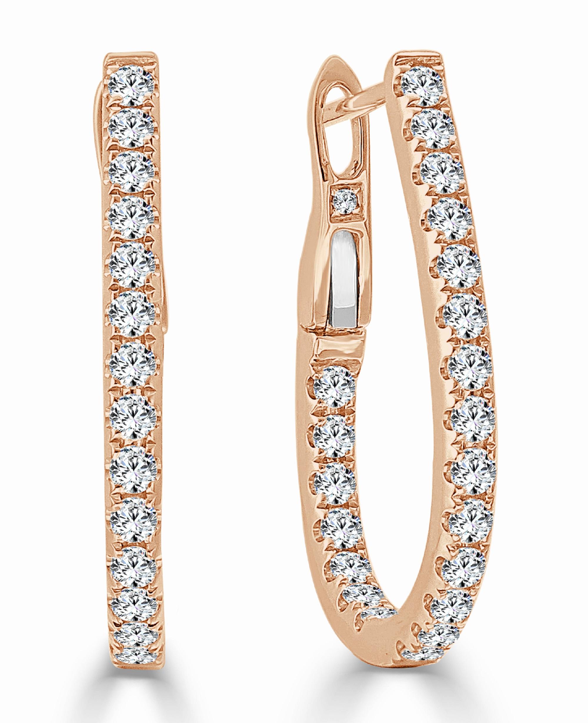 Baguette Cut 14K Rose Gold .65ct Diamond P/S Hoop for Her For Sale