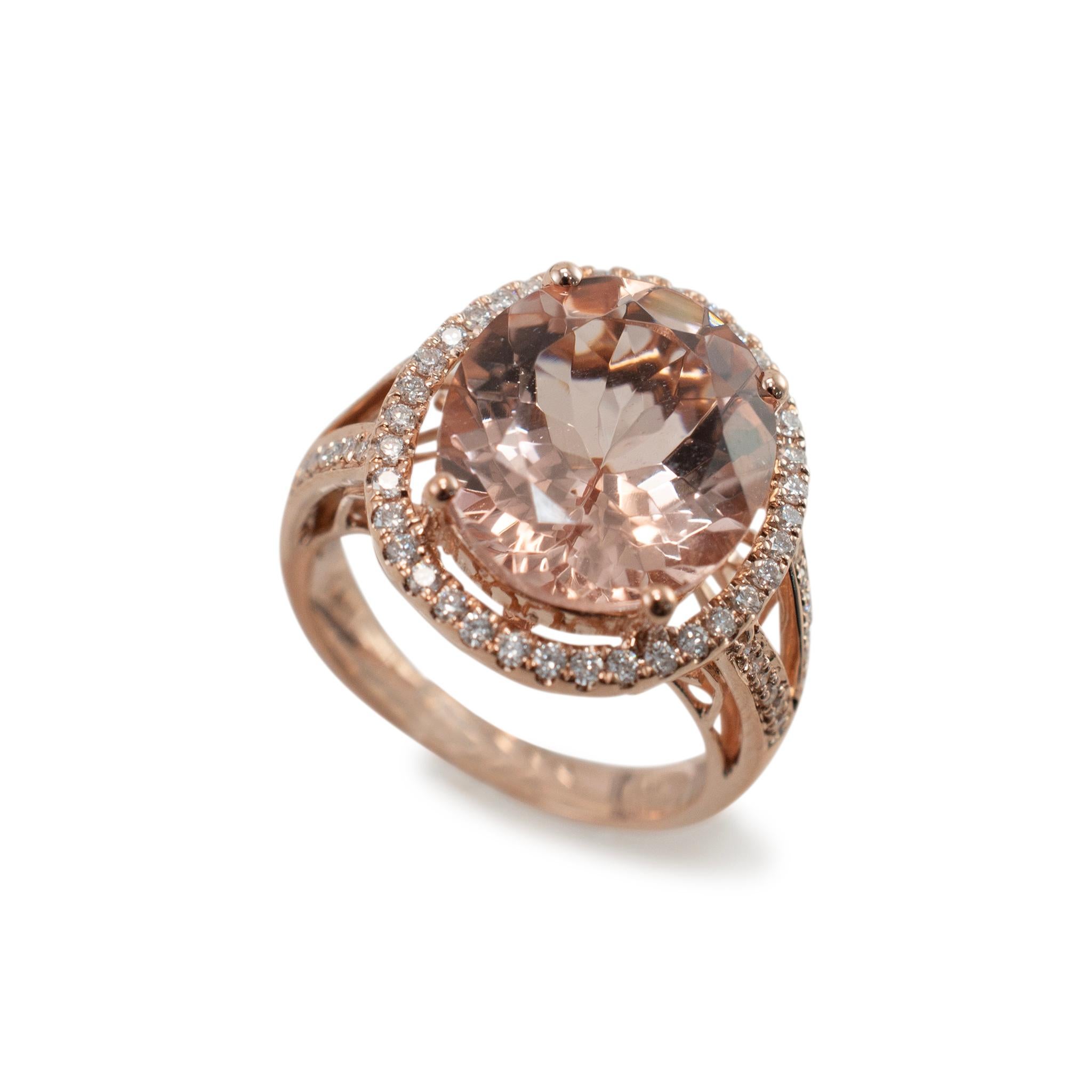 Gender: Ladies

Metal Type: 14K Rose Gold

Ring Size: 7

Weight: 7.12 grams

One ladies 14K rose gold diamond and morganite halo cocktail ring with a half-round shank. Engraved with 