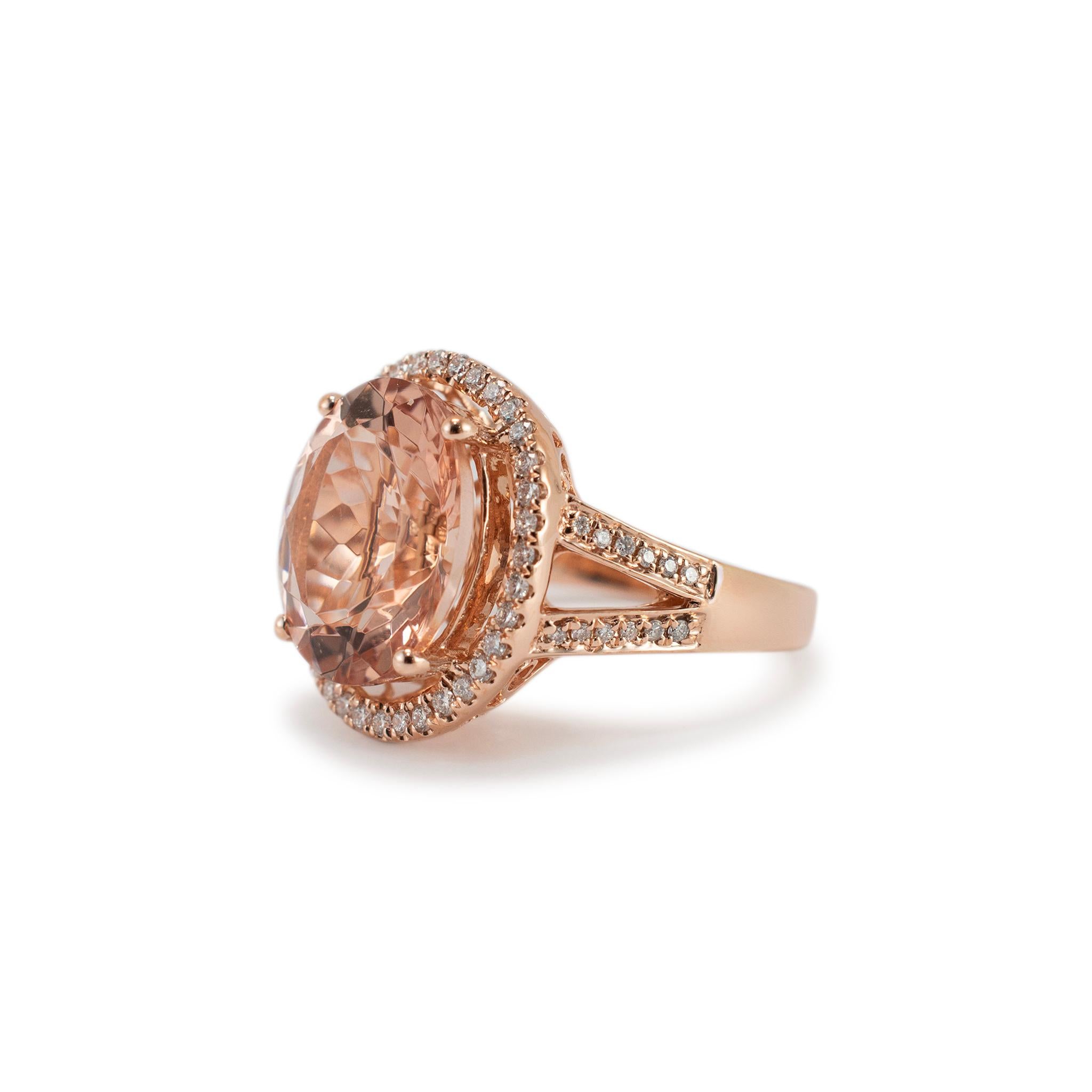 14K Rose Gold 7.38ct Morganite Halo Accented Diamond Cocktail Ring Corte oval en venta