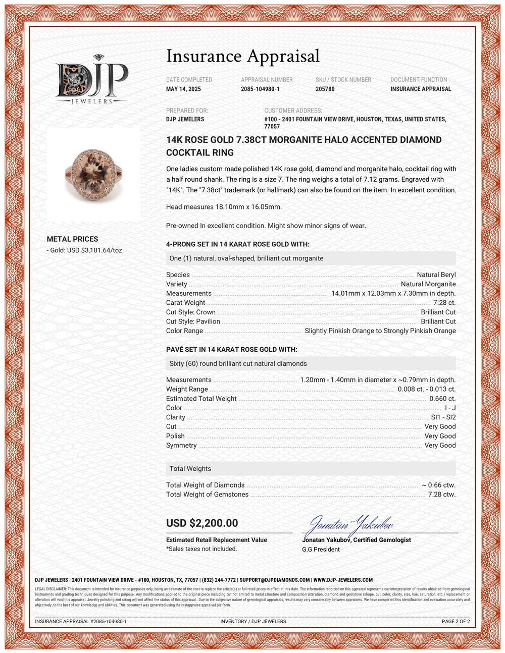 14K Rose Gold 7.38ct Morganite Halo Accented Diamond Cocktail Ring en venta 2