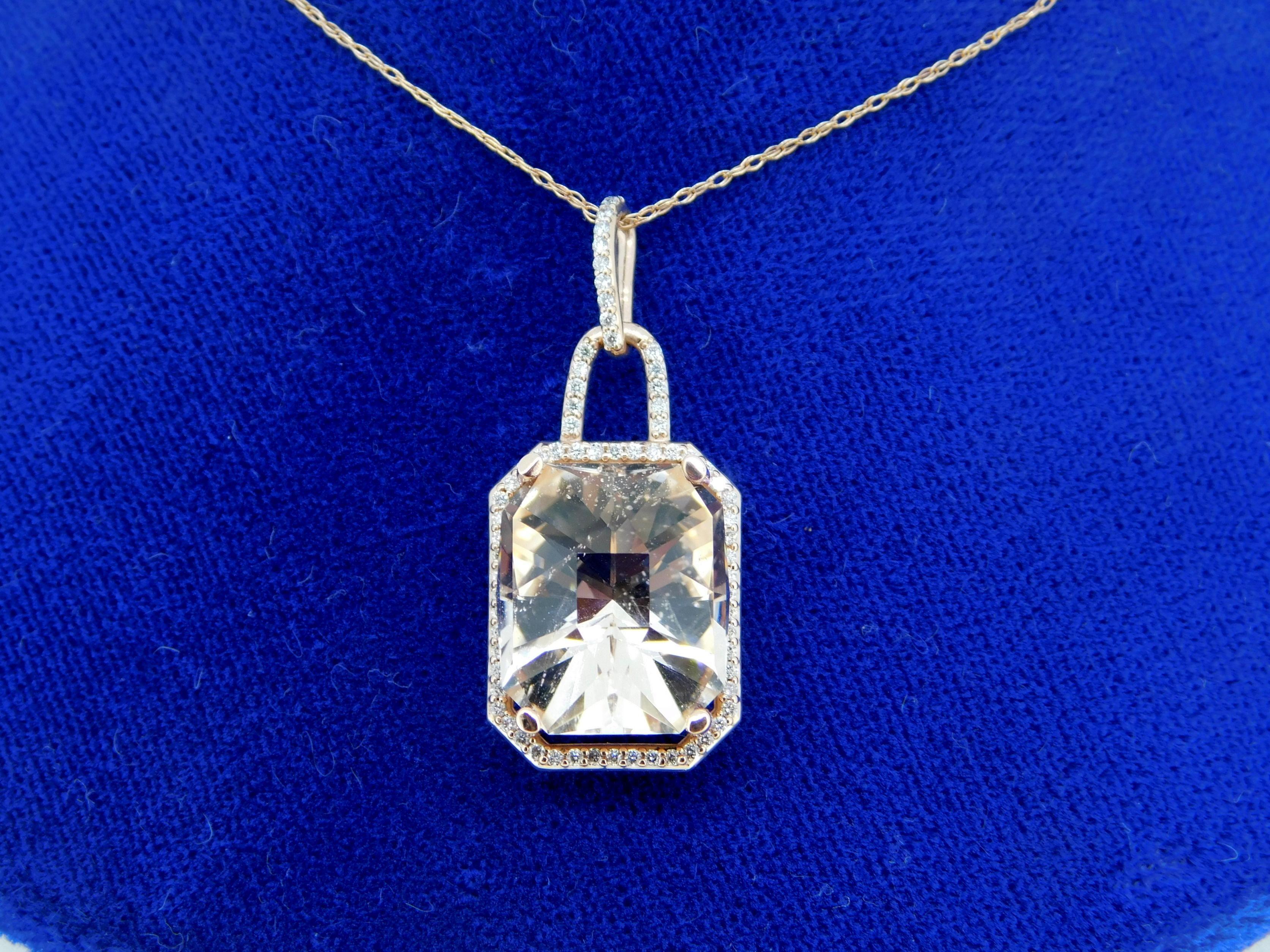 Rose Cut 14k Rose Gold 7.6ct Genuine Natural Morganite Pendant with Diamonds '#J4570' For Sale