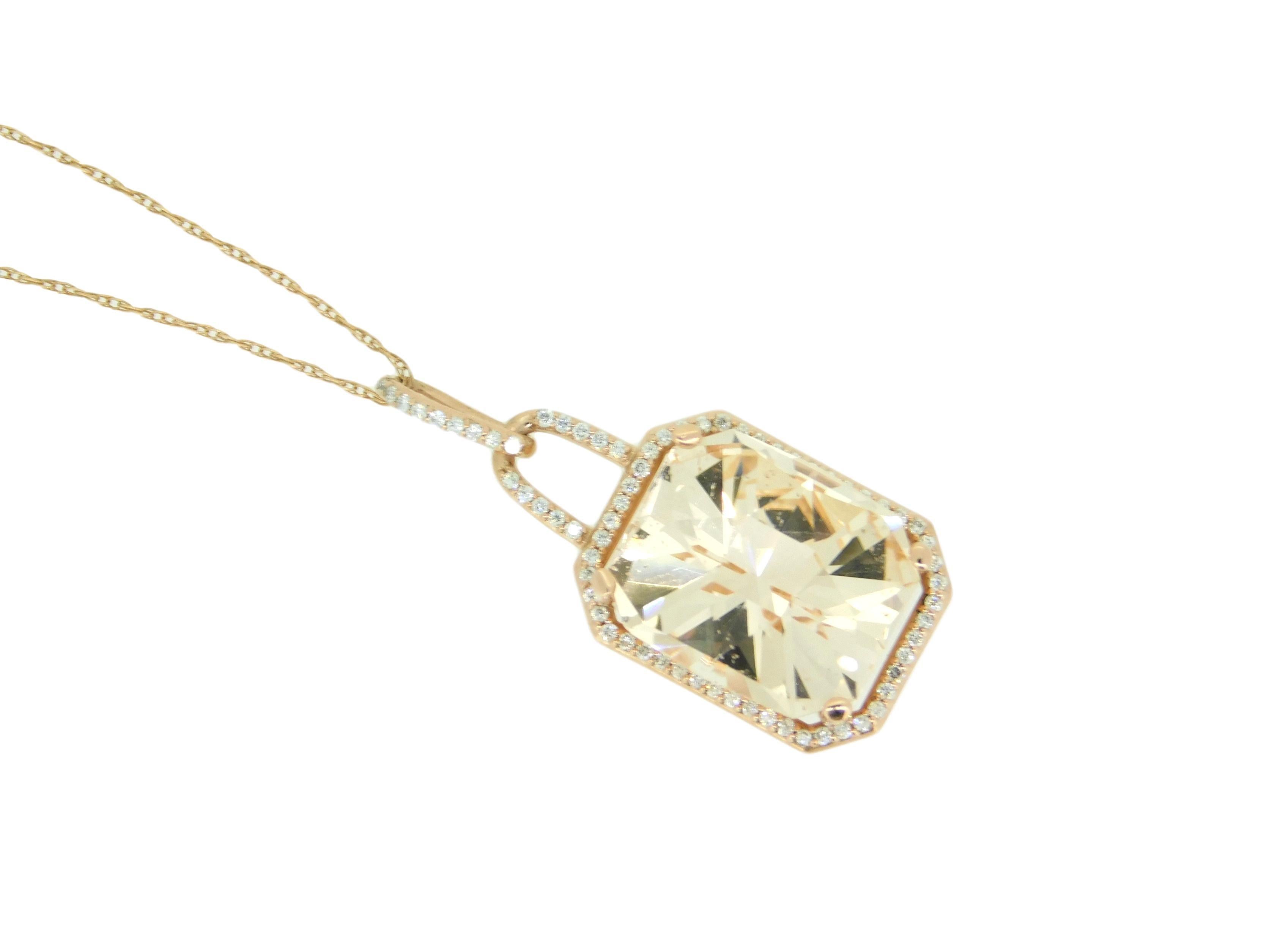 Women's 14k Rose Gold 7.6ct Genuine Natural Morganite Pendant with Diamonds '#J4570' For Sale