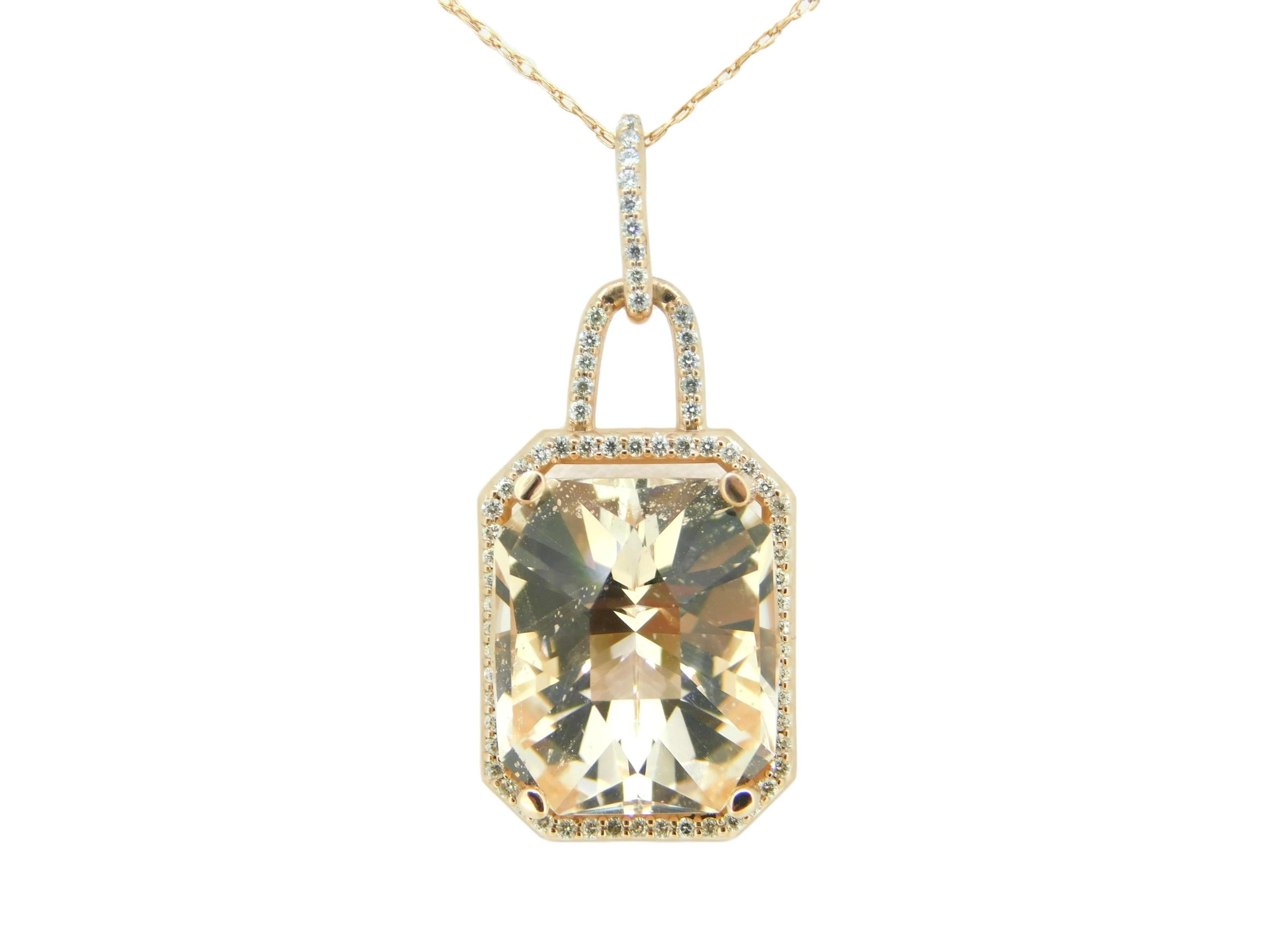 14k Rose Gold 7.6ct Genuine Natural Morganite Pendant with Diamonds '#J4570' For Sale 3