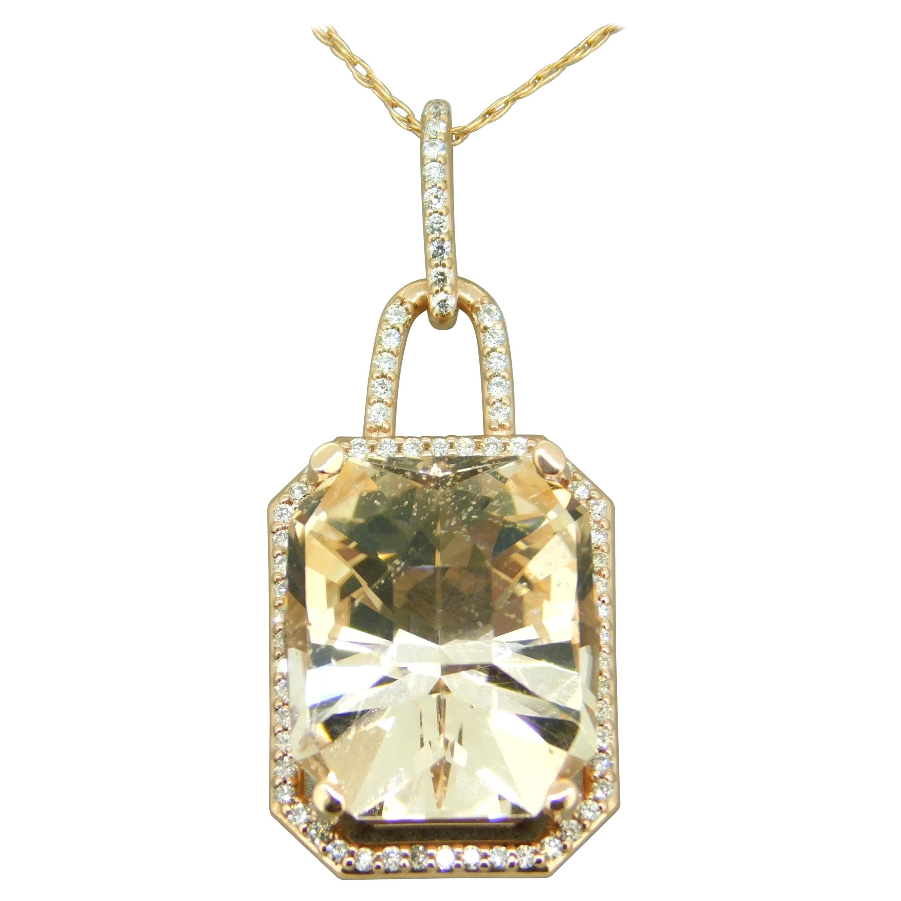 14k Rose Gold 7.6ct Genuine Natural Morganite Pendant with Diamonds '#J4570' For Sale