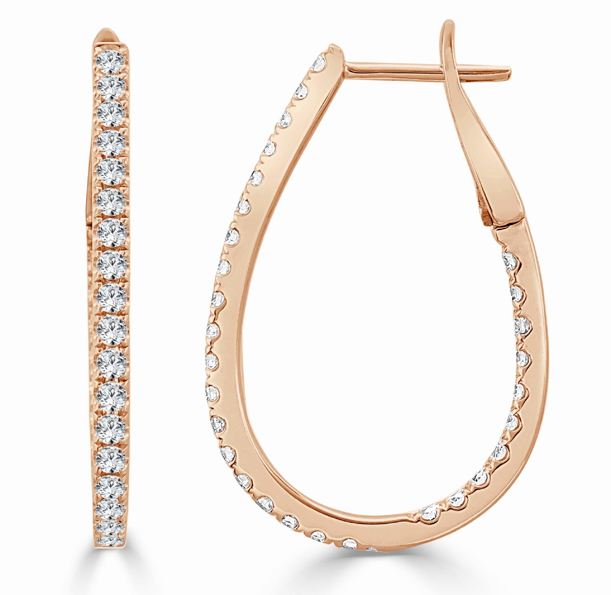 Baguette Cut 14K Rose Gold .90ct Diamond P/S Hoop for Her For Sale