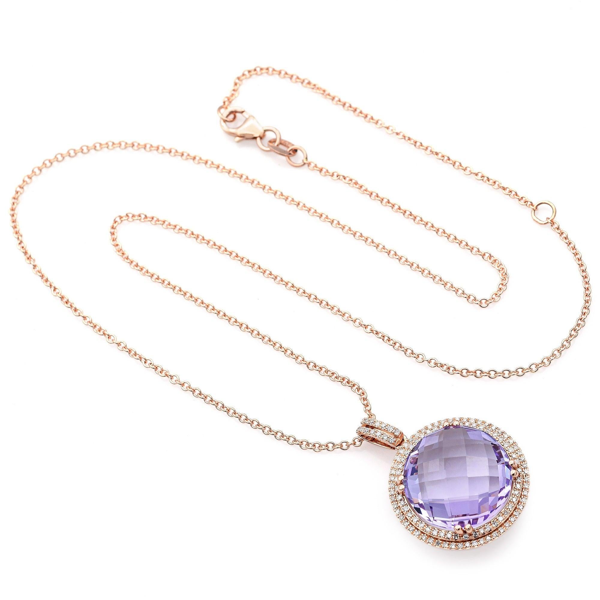 Mixed Cut 14K Rose Gold 9.16 Ct Amethyst & Diamond Pendant Necklace For Sale