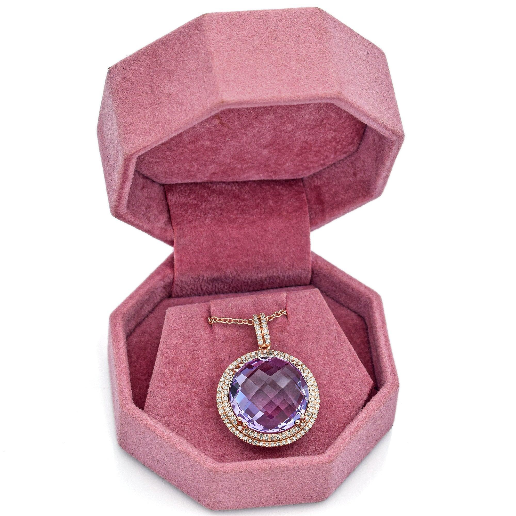 14K Rose Gold 9.16 Ct Amethyst & Diamond Pendant Necklace In Good Condition For Sale In New York, NY