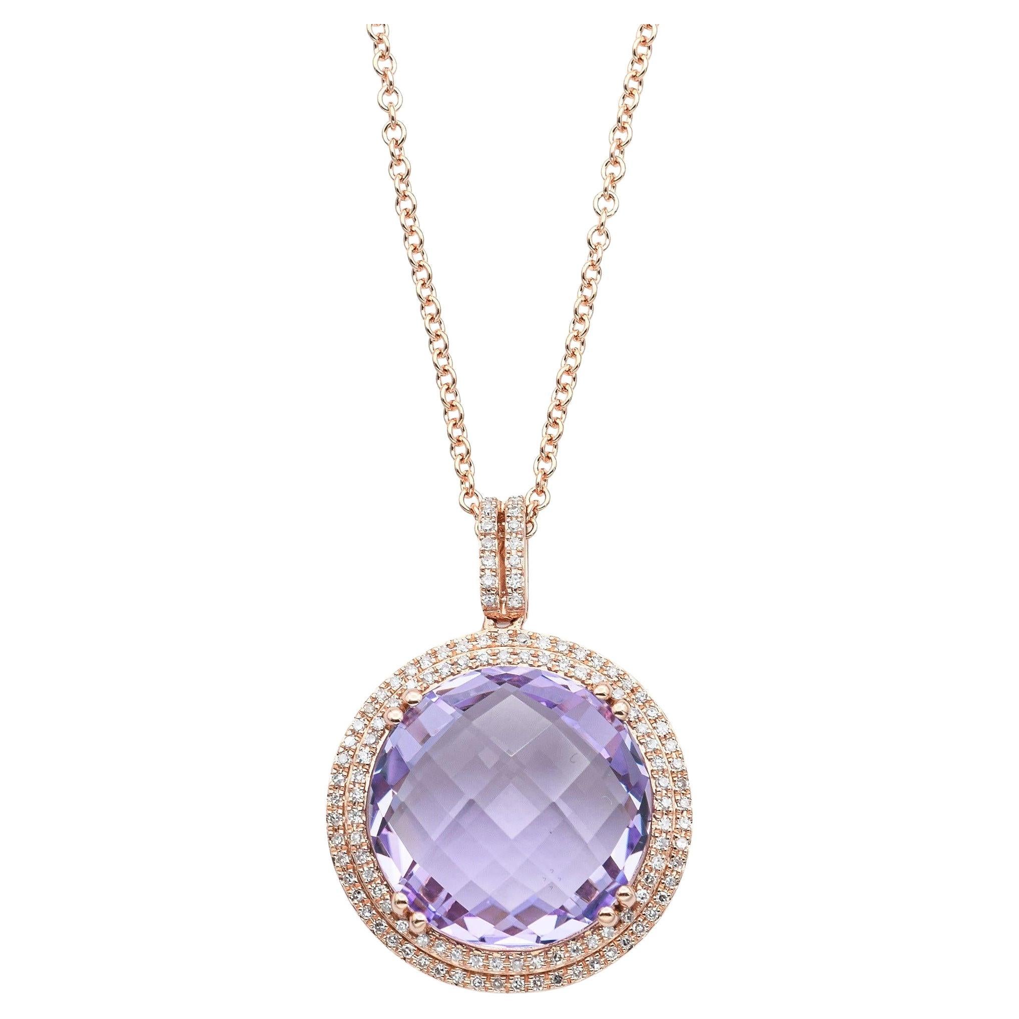 14K Rose Gold 9.16 Ct Amethyst & Diamond Pendant Necklace