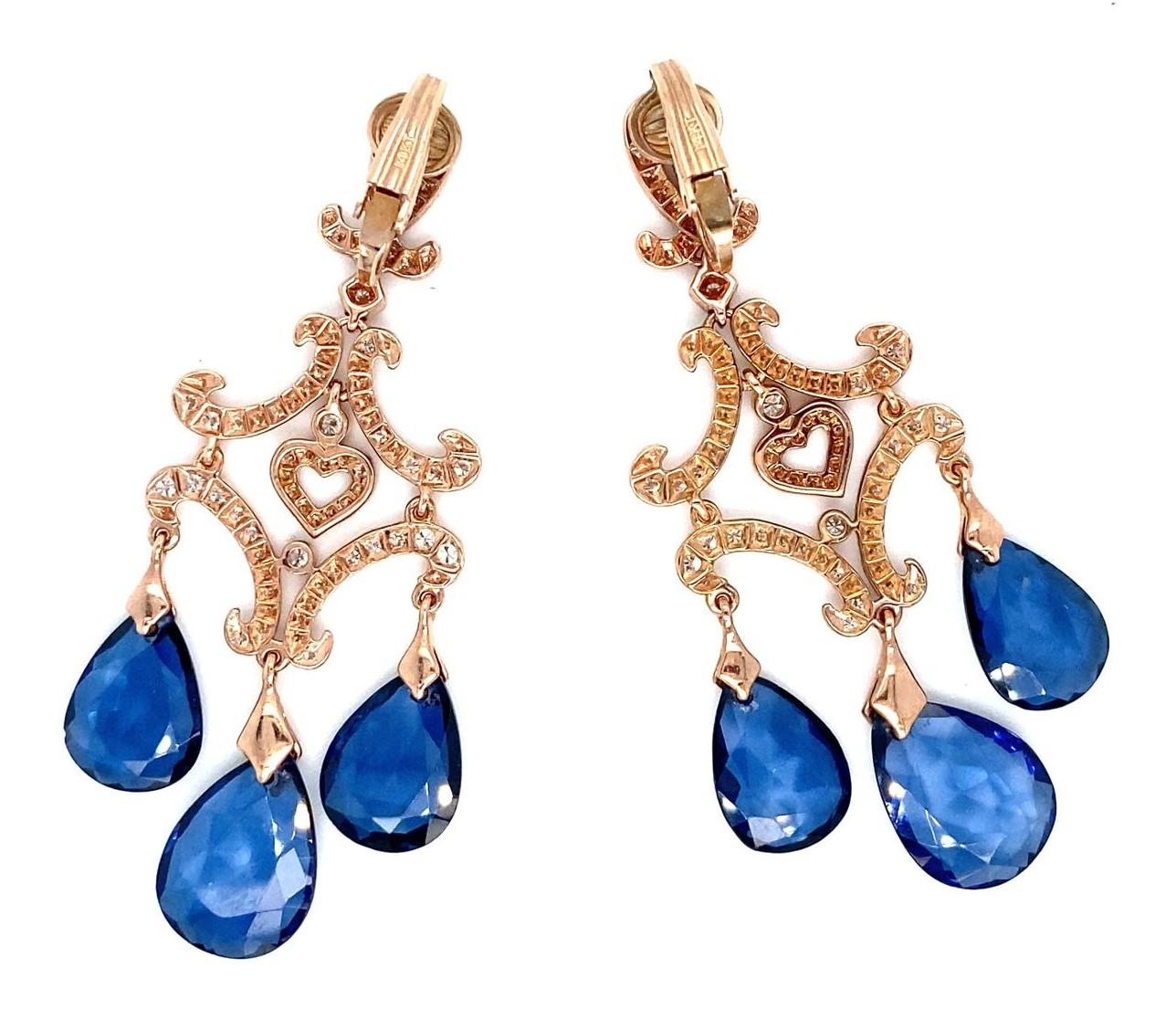 Gorgeous, Unique Chandelier Earrings Featuring Pave-Set Round Diamonds and Dangling Sapphire Briolettes
Total Length of Drop = 2.5