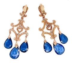 14k Rose Gold & 9ct Sapphire Briolette Chandelier Earrings w/ 2.90ct Diamonds