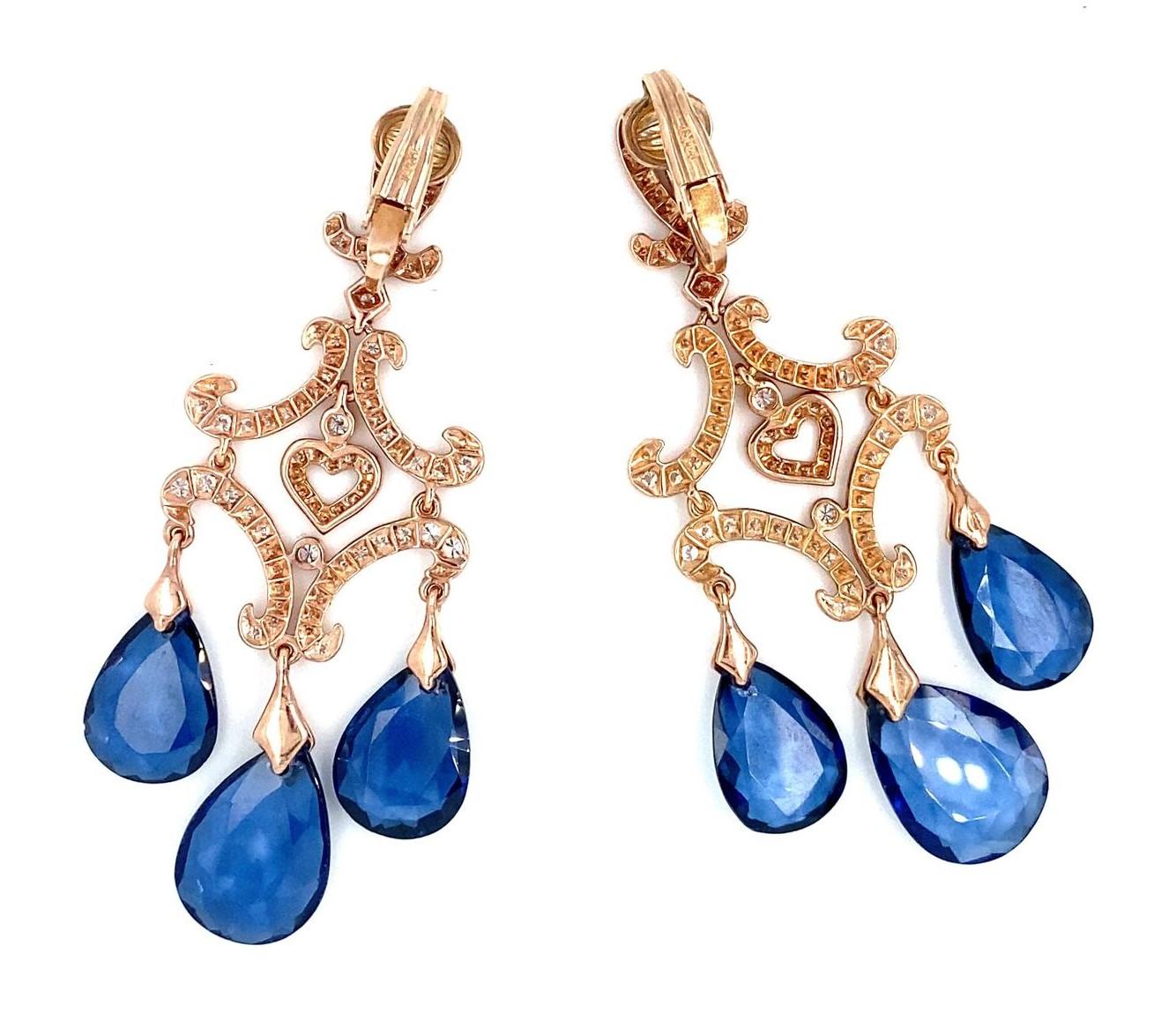 Briolette Cut 14k Rose Gold & 9ct Sapphire Briolette Chandelier Earrings w/ 2.90ct Diamonds For Sale