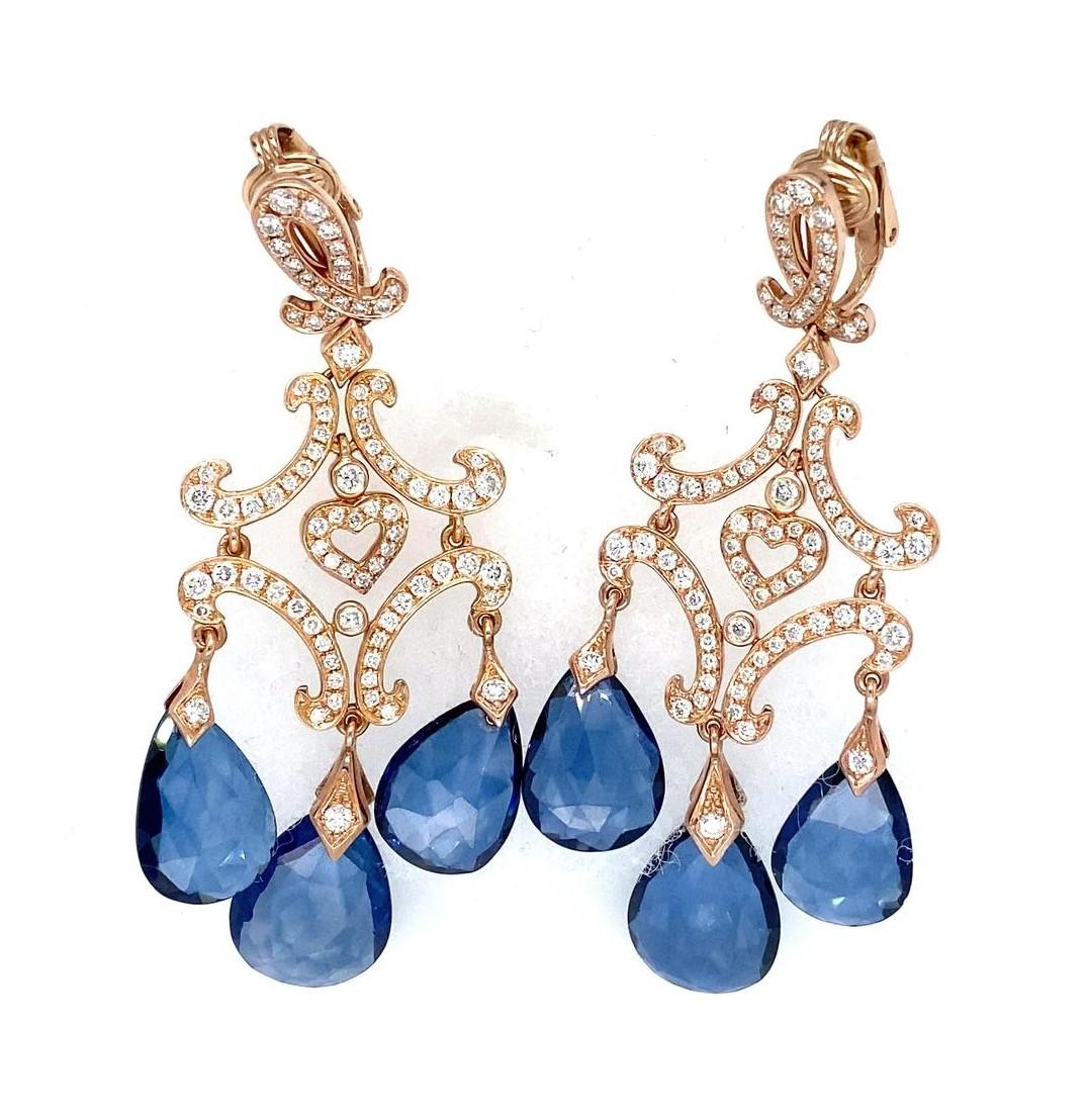 14k Rose Gold & 9ct Sapphire Briolette Chandelier Earrings w/ 2.90ct Diamonds In Good Condition For Sale In Sherman Oaks, CA