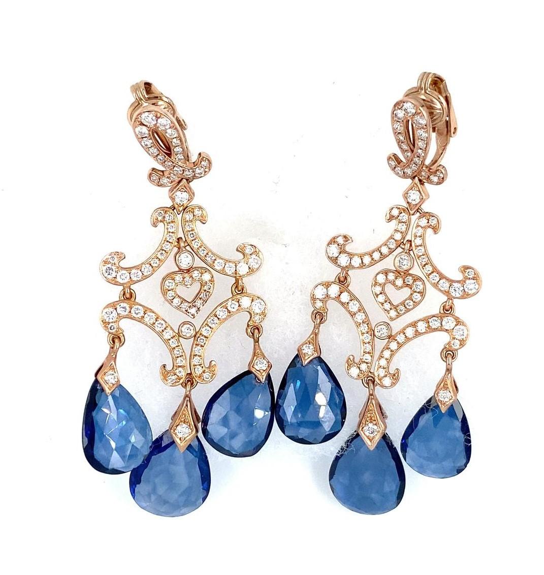 Women's or Men's 14k Rose Gold & 9ct Sapphire Briolette Chandelier Earrings w/ 2.90ct Diamonds For Sale