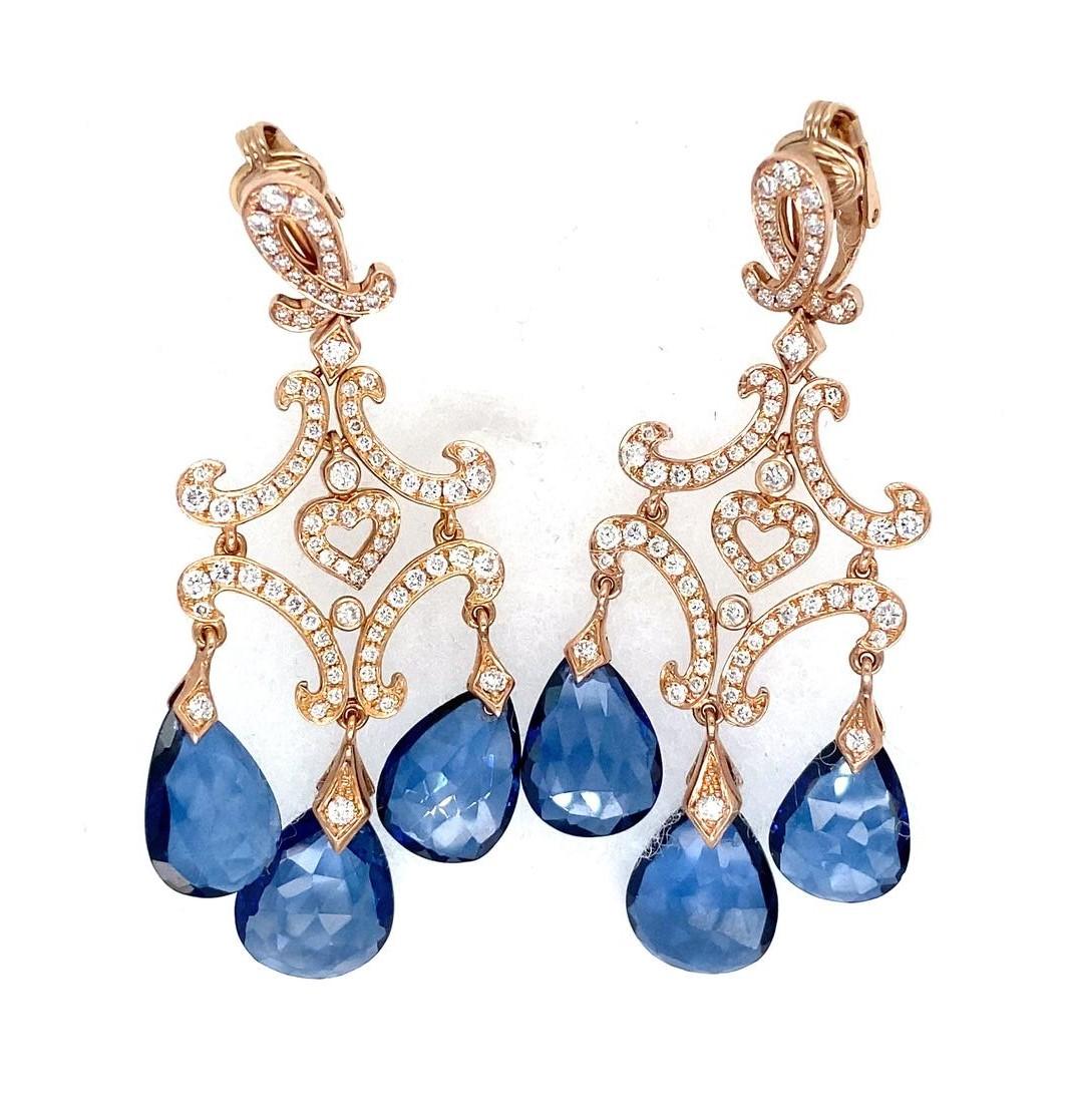 14k Rose Gold & 9ct Sapphire Briolette Chandelier Earrings w/ 2.90ct Diamonds For Sale 1