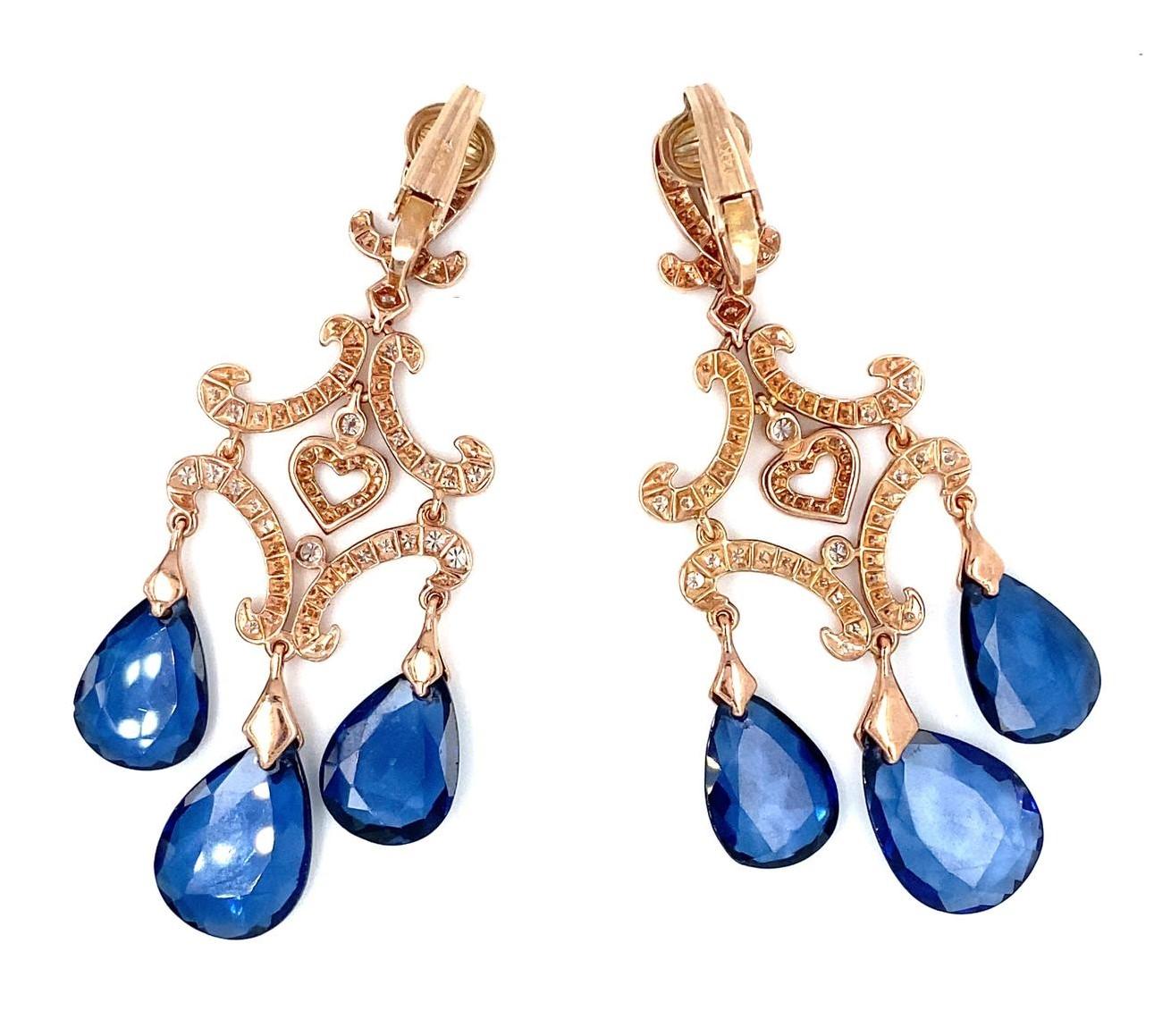 14k Rose Gold & 9ct Sapphire Briolette Chandelier Earrings w/ 2.90ct Diamonds For Sale 2