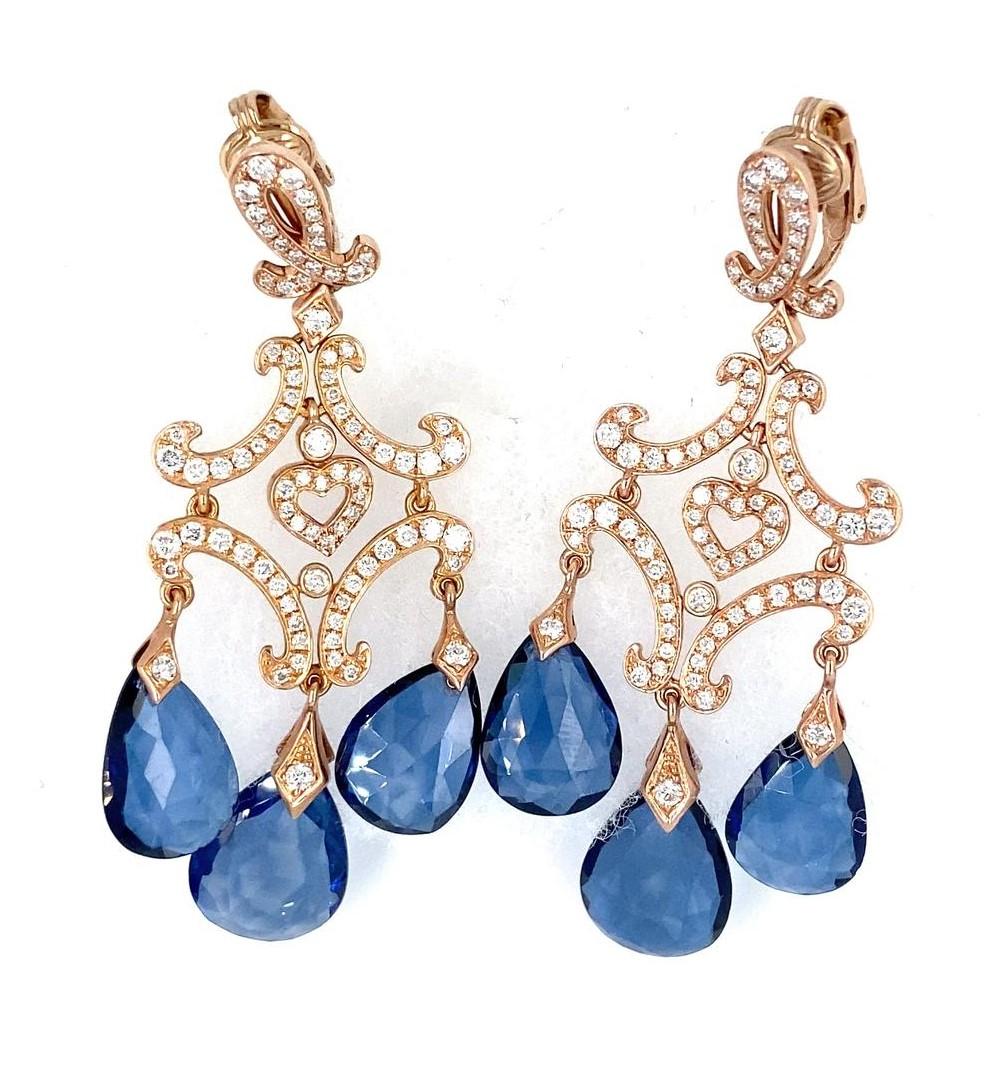 14k Rose Gold & 9ct Sapphire Briolette Chandelier Earrings w/ 2.90ct Diamonds For Sale 3
