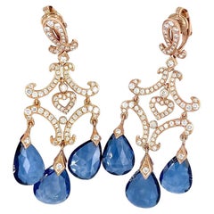 Pendientes araña briolette de oro rosa de 14k y zafiro de 9 ct con diamantes de 2,90 ct