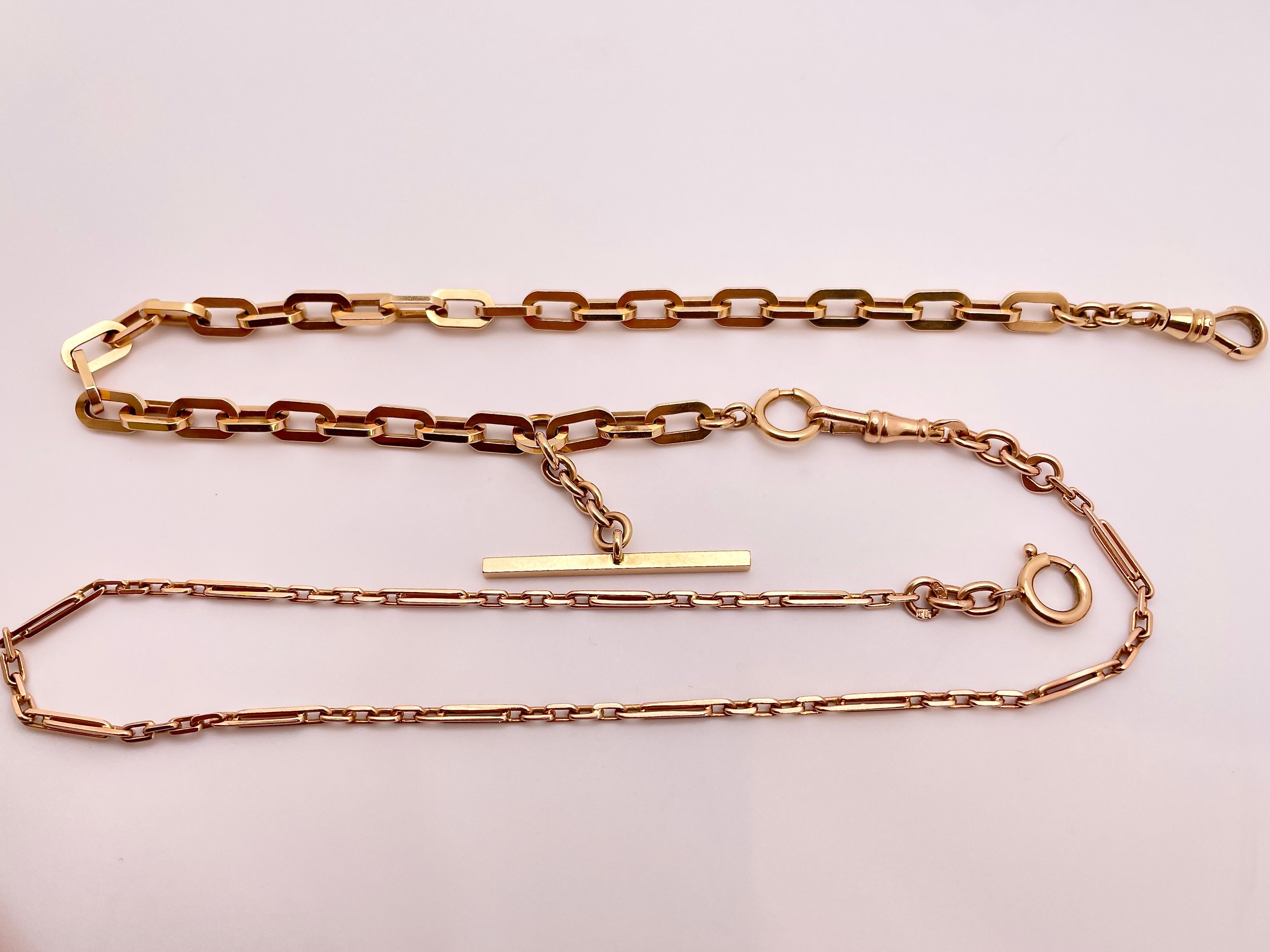 Eine antike abnehmbare Halskette aus 14 Karat Roségold. Eine Kombination aus zwei einzigartigen, dicken und dünnen, originalen Taschenuhrenketten aus Roségold der 1930er-40er Jahre. Dieses schöne Stück kann sowohl als eine lange Kette als auch