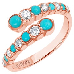 14K Rose Gold Alternate Diamond & Turquoise Bezel Bypass Ring Band 