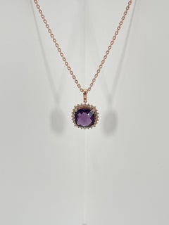 14K Rose Gold Amethyst and .60 CTW Diamond Halo Pendant Necklace