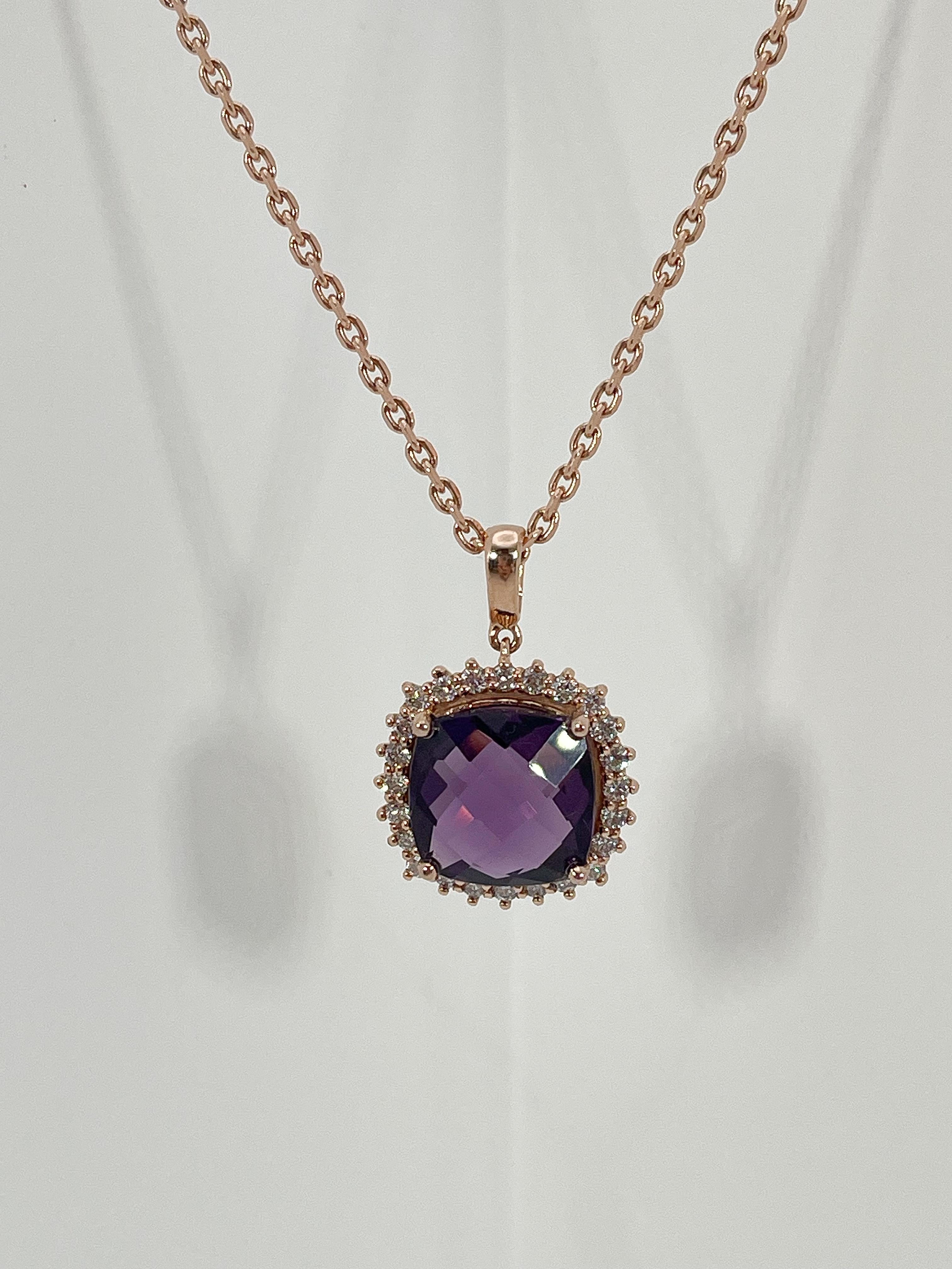 Cushion Cut 14K Rose Gold Amethyst and .60 CTW Diamond Halo Pendant Necklace For Sale