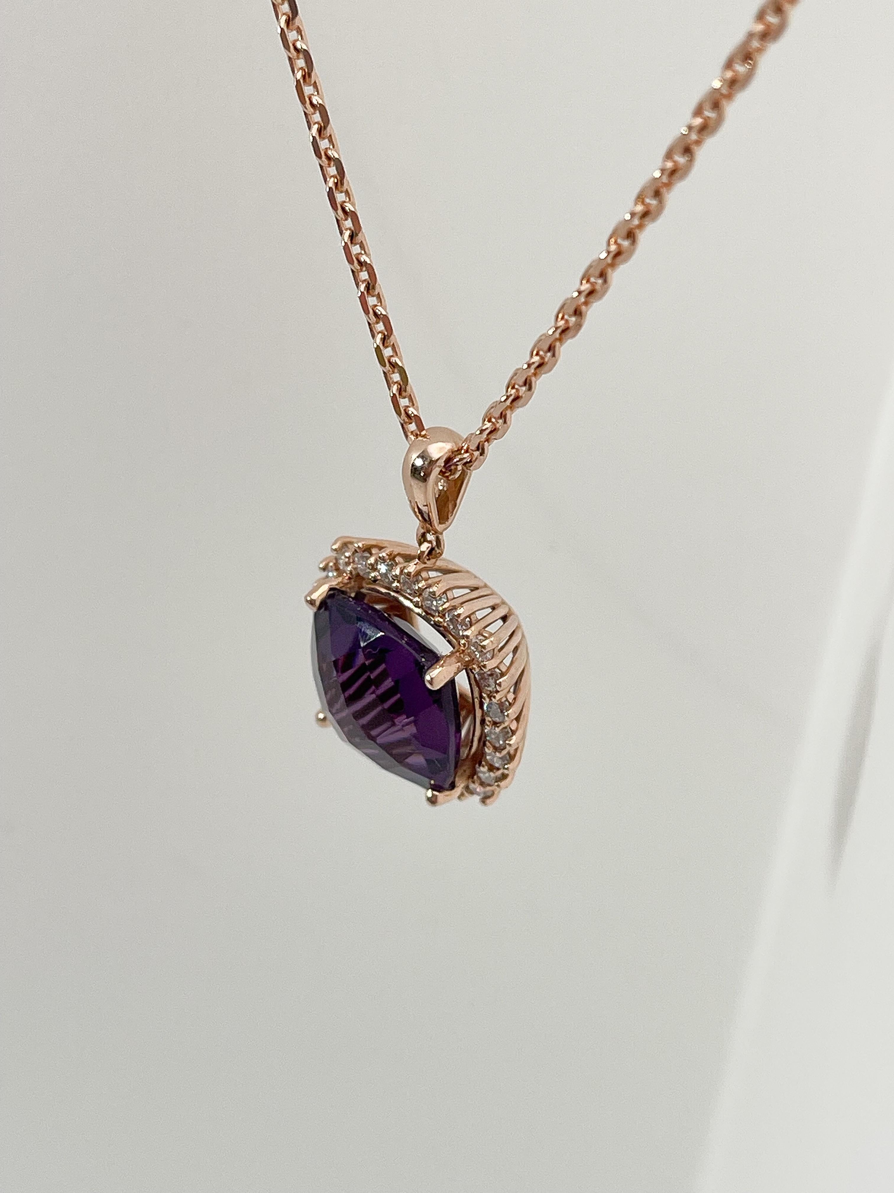 14K Rose Gold Amethyst and .60 CTW Diamond Halo Pendant Necklace In Excellent Condition For Sale In Stuart, FL