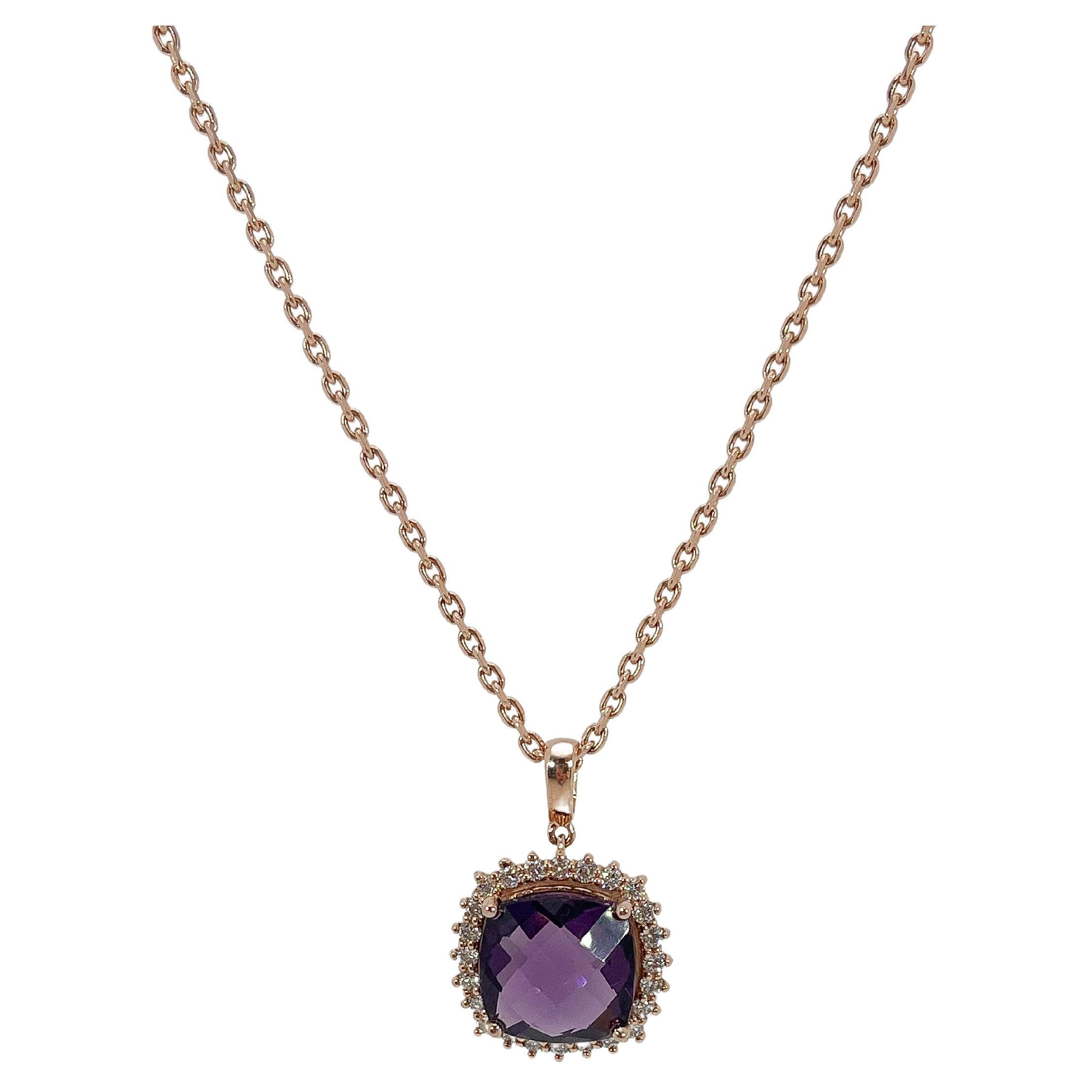 14K Rose Gold Amethyst and .60 CTW Diamond Halo Pendant Necklace For Sale