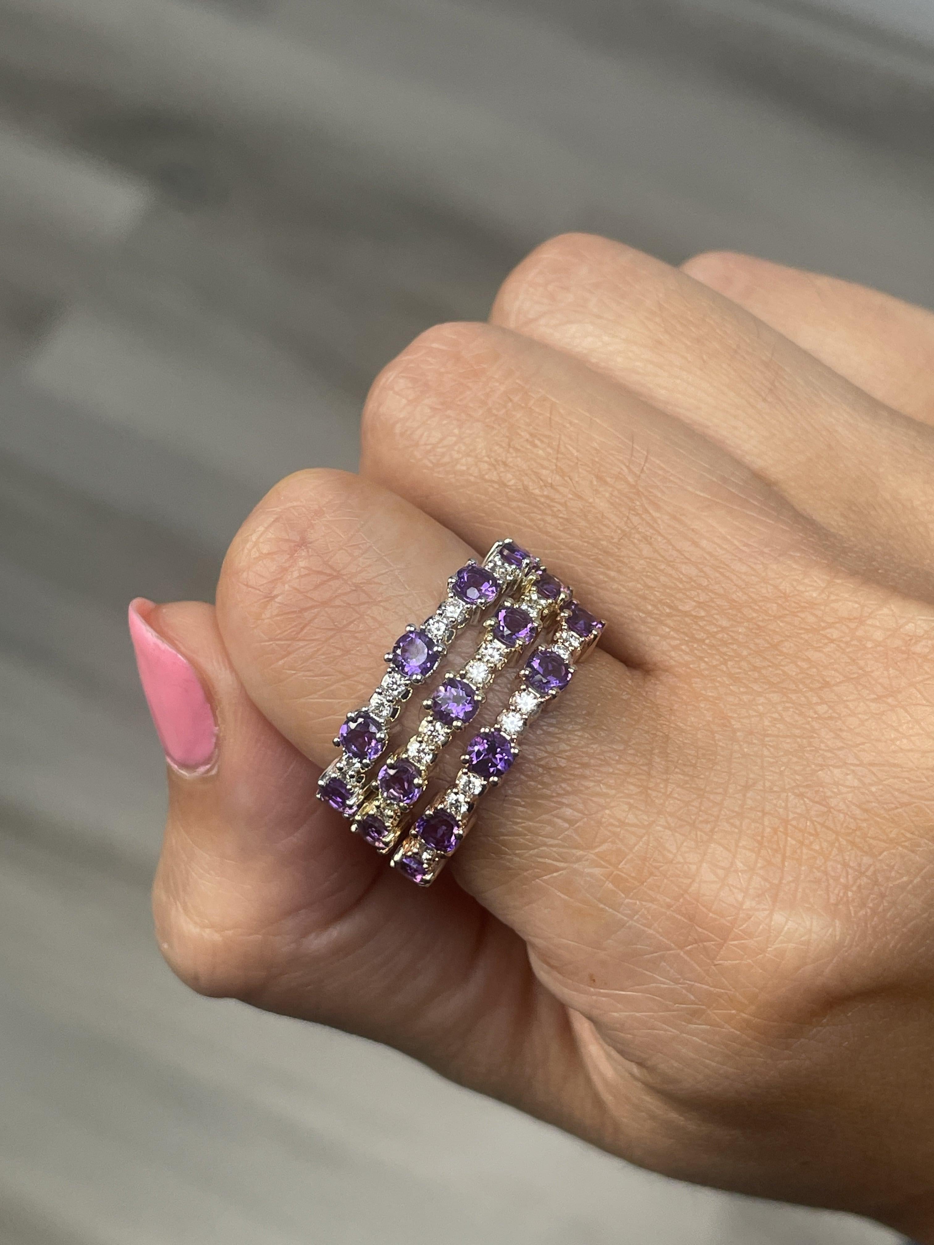 Contemporary 14K Rose Gold Amethyst and Diamond Band Ring For Sale