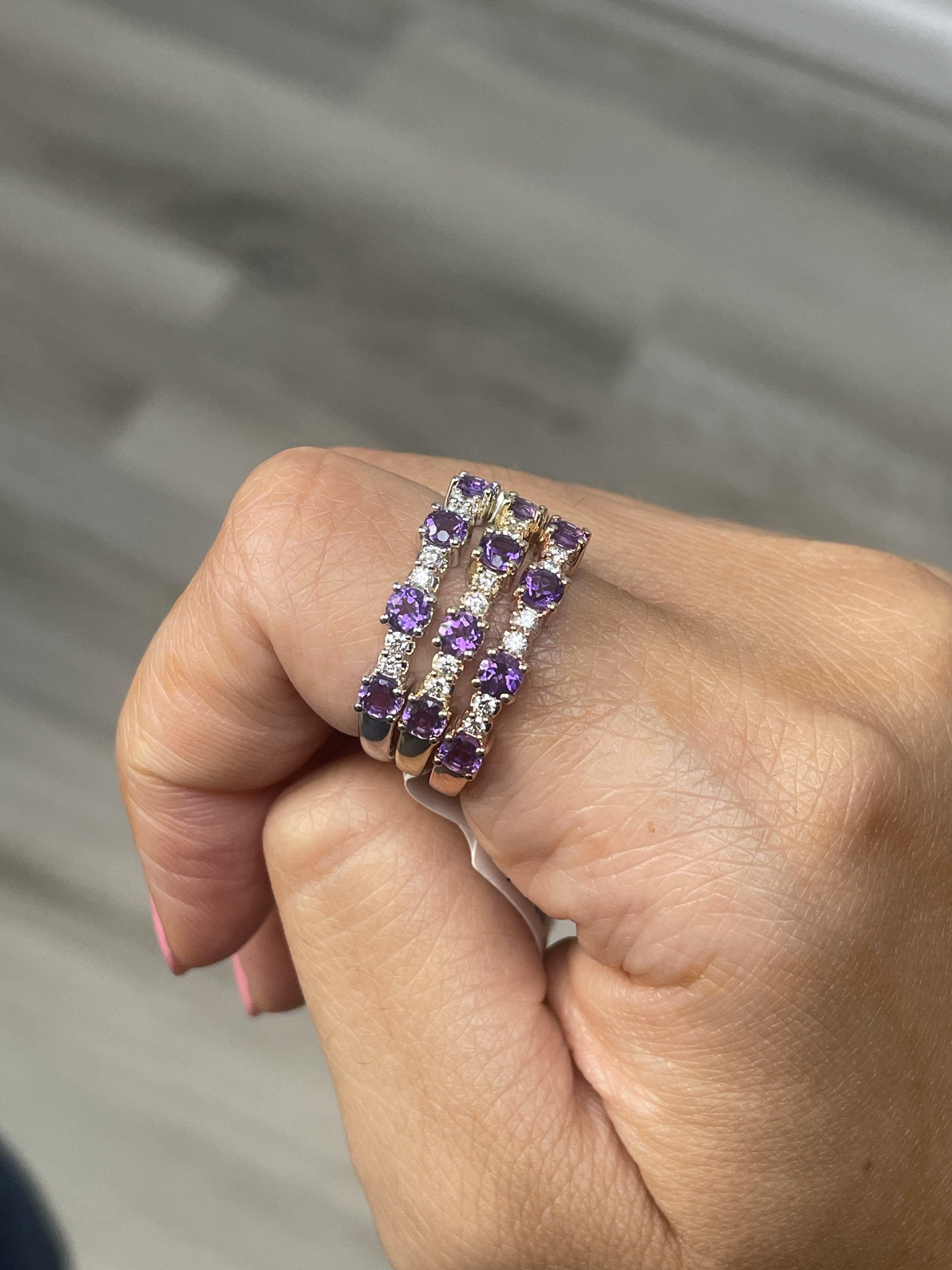 Round Cut 14K Rose Gold Amethyst and Diamond Band Ring For Sale