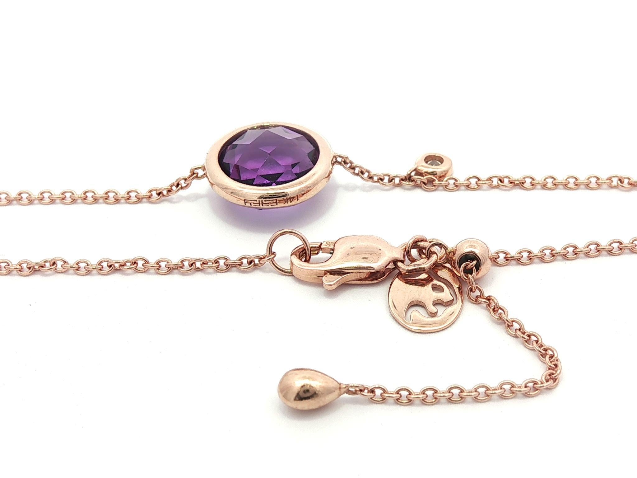 14k Rose Gold Amethyst & Diamant Einstellbare Kabel Link Kette Armband (Rundschliff) im Angebot