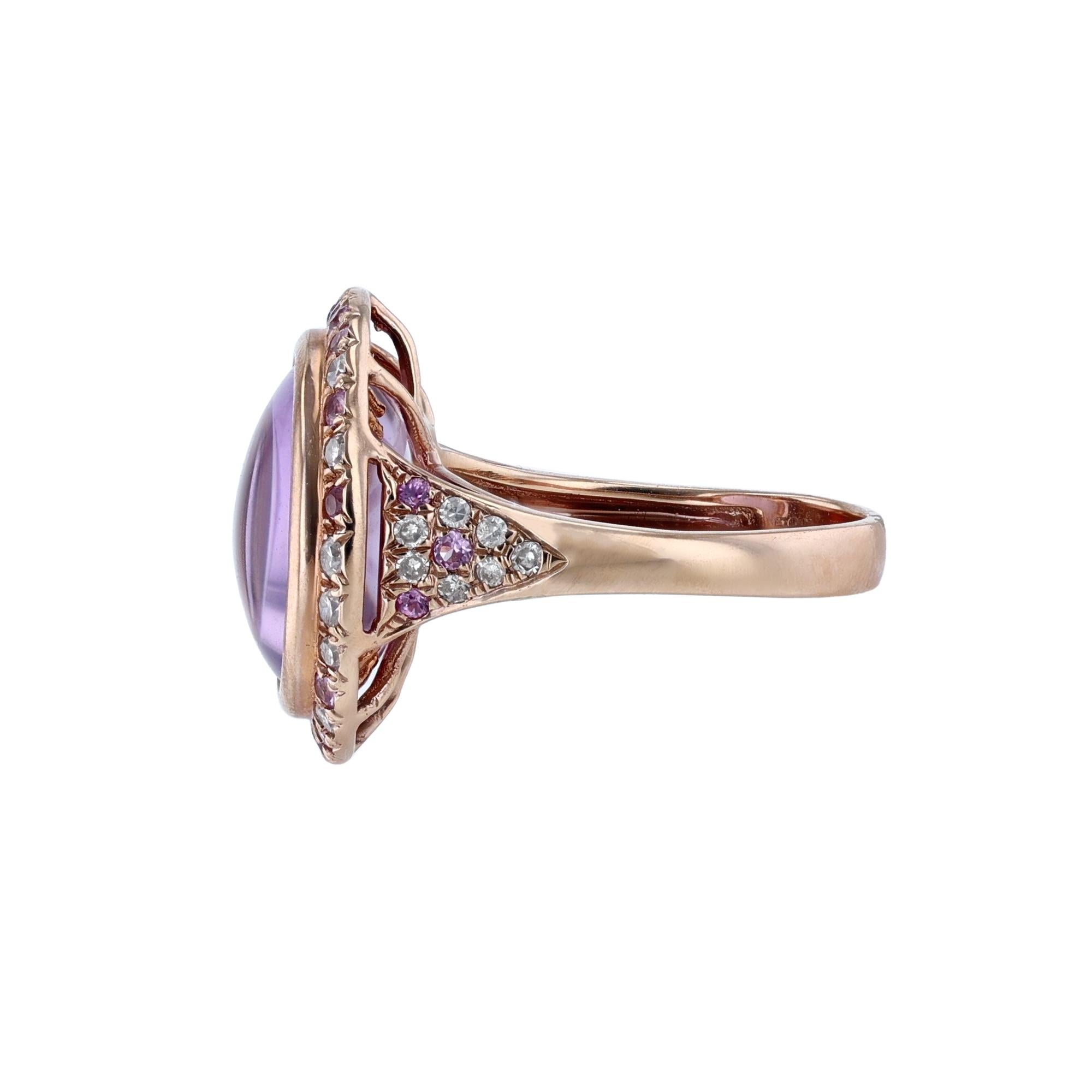 Contemporary 14K Rose Gold Amethyst Pink Sapphire Diamond Halo Ring, 9.49ct For Sale