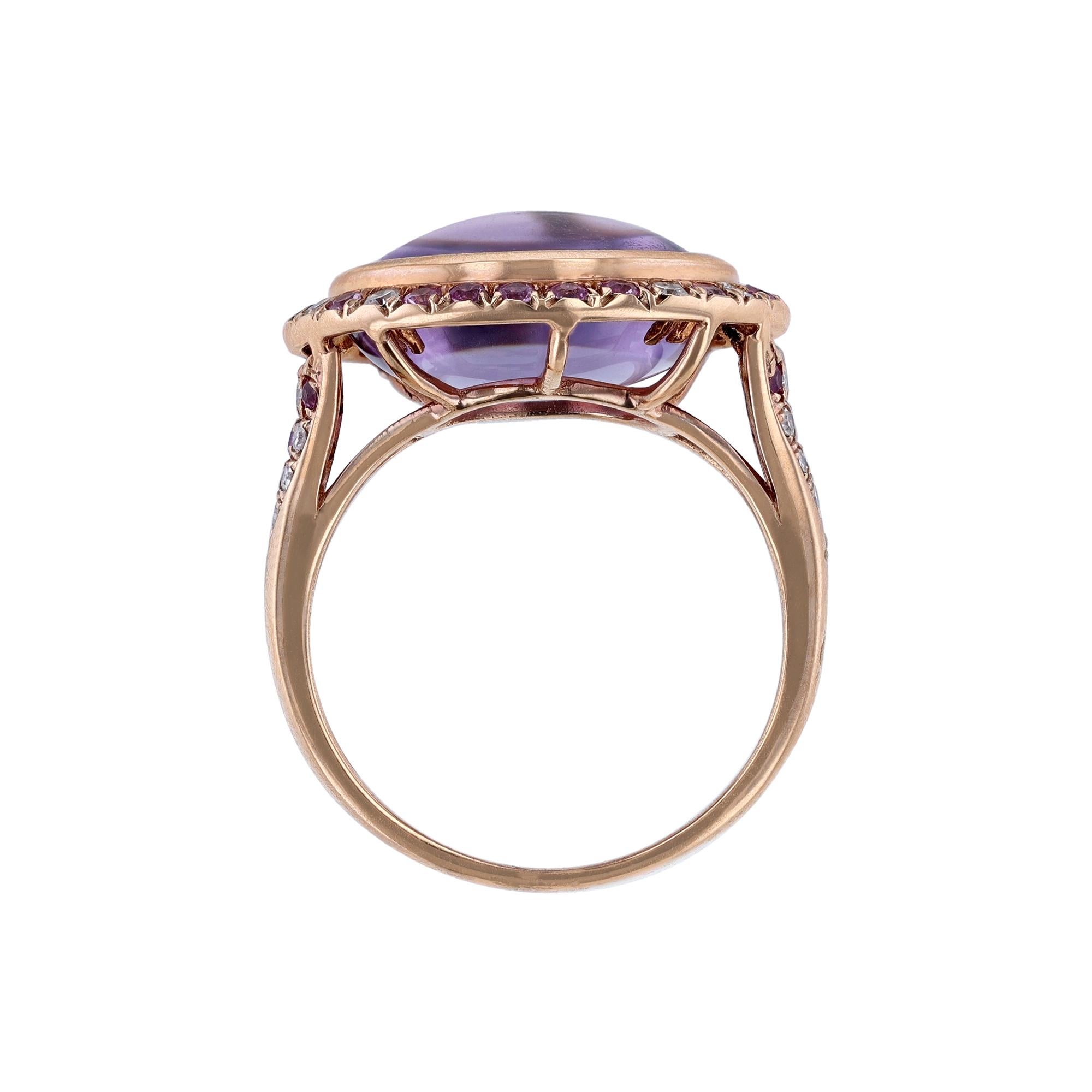 Round Cut 14K Rose Gold Amethyst Pink Sapphire Diamond Halo Ring, 9.49ct For Sale