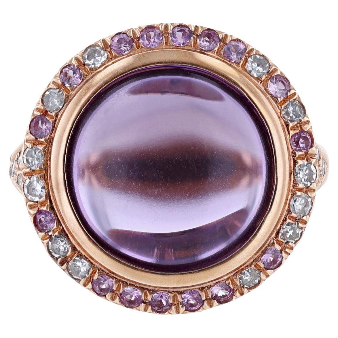 14K Rose Gold Amethyst Pink Sapphire Diamond Halo Ring, 9.49ct For Sale