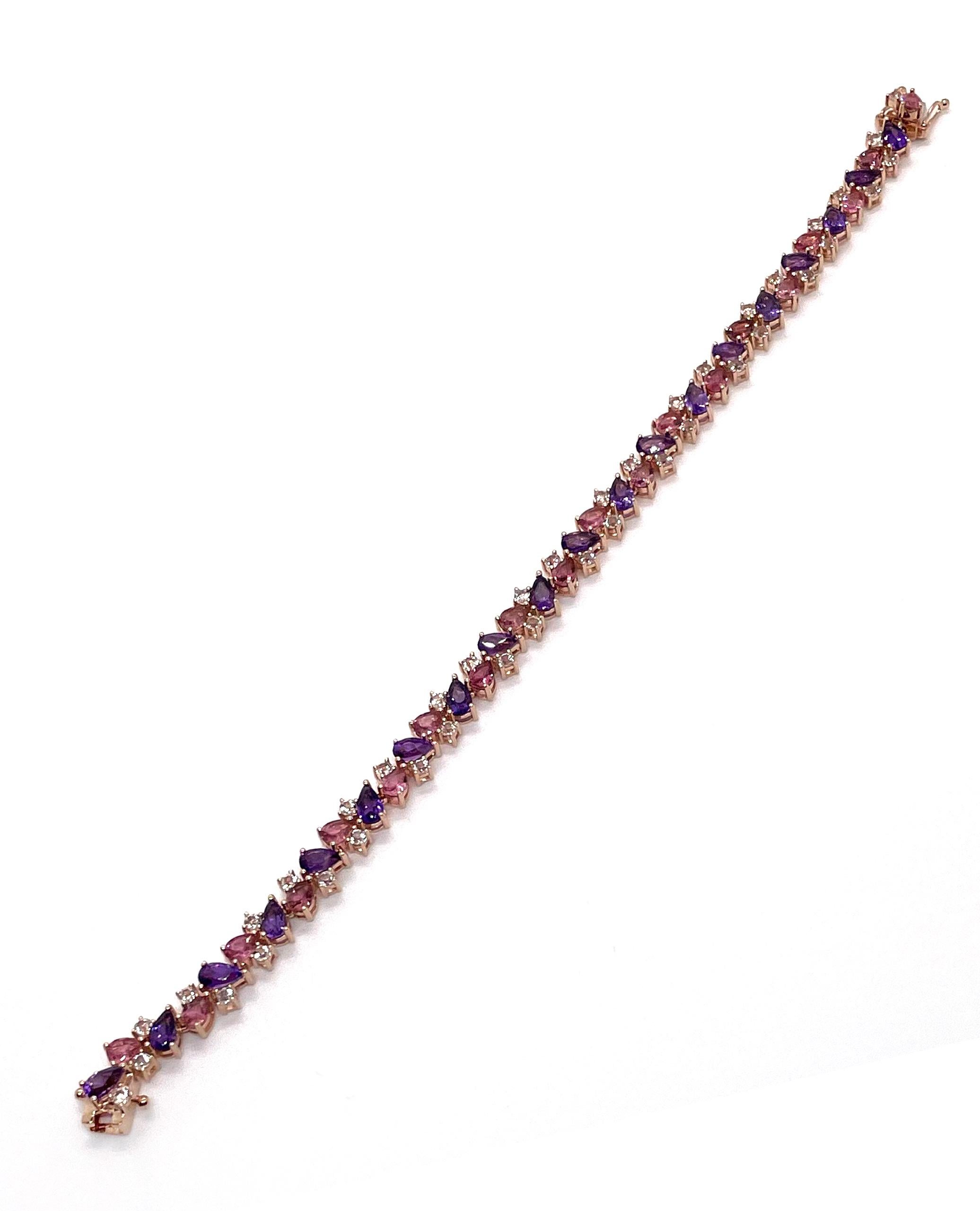 Beautifully composed 14K rose gold bracelet with 3.24 carats pear shaped amethyst, 2.49 carats pear shaped pink tourmaline and 1.59 carats round white topaz. 

* 7 inches long