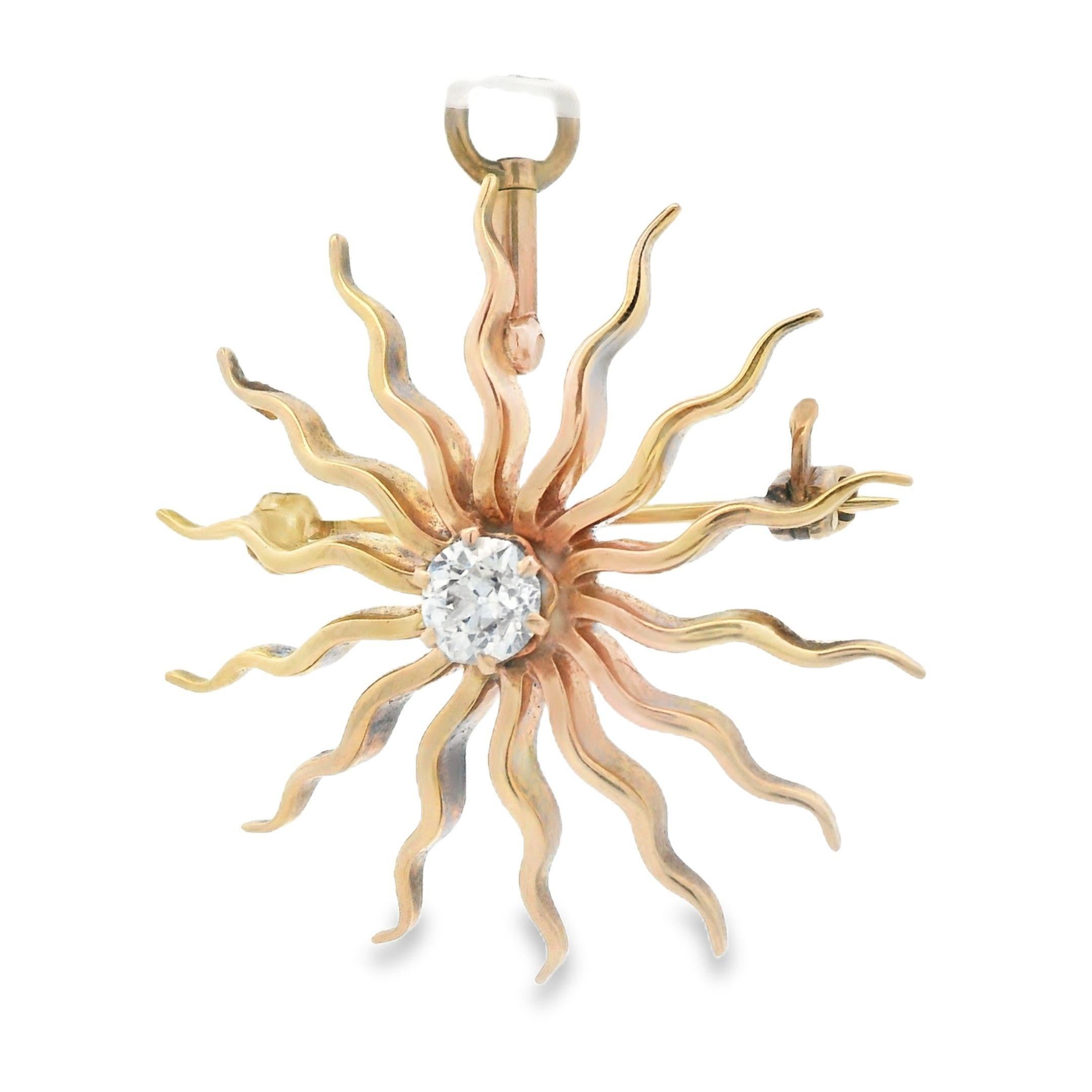 da uomo o donna Spilla/pendente a raggiera in oro rosa 14k e diamanti taglio miniera del 1880 in vendita