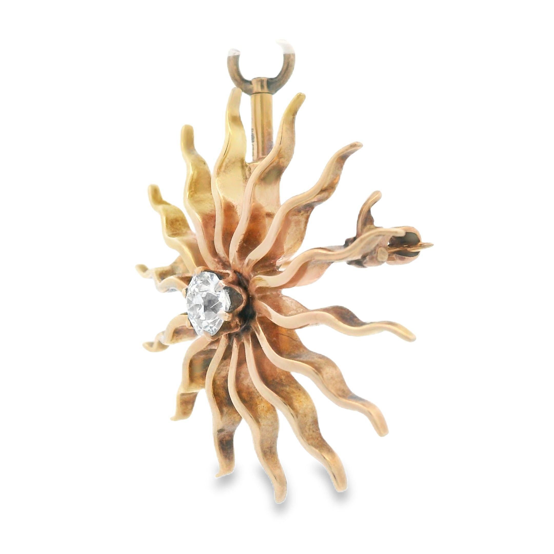 Spilla/pendente a raggiera in oro rosa 14k e diamanti taglio miniera del 1880 in vendita 2