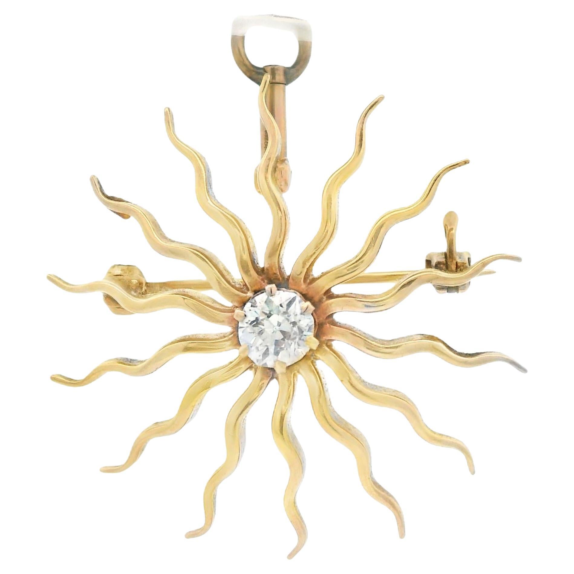 Spilla/pendente a raggiera in oro rosa 14k e diamanti taglio miniera del 1880 in vendita