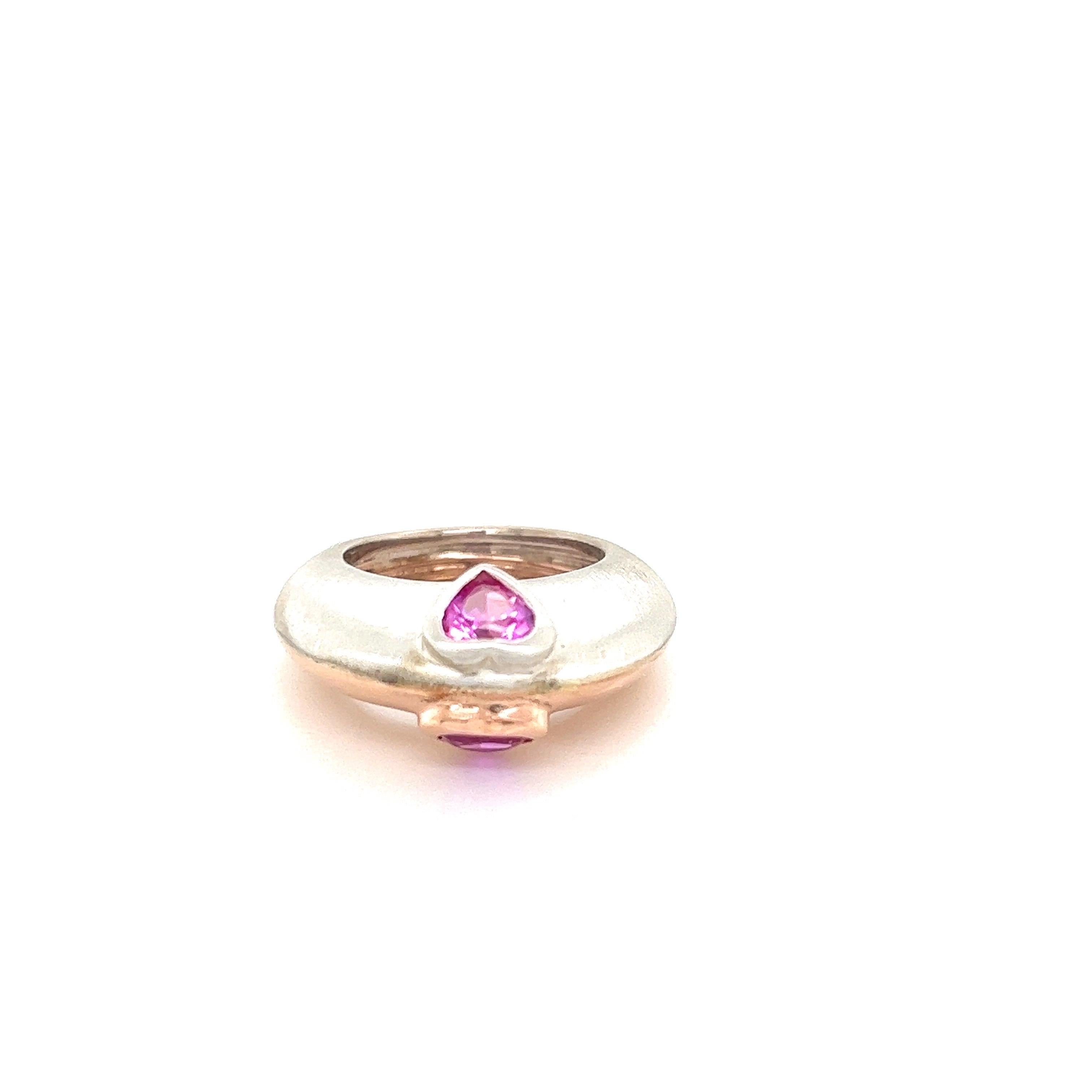 14k Rose Gold And Silver Ring With Pink Sapphire Hearts For Sale 4