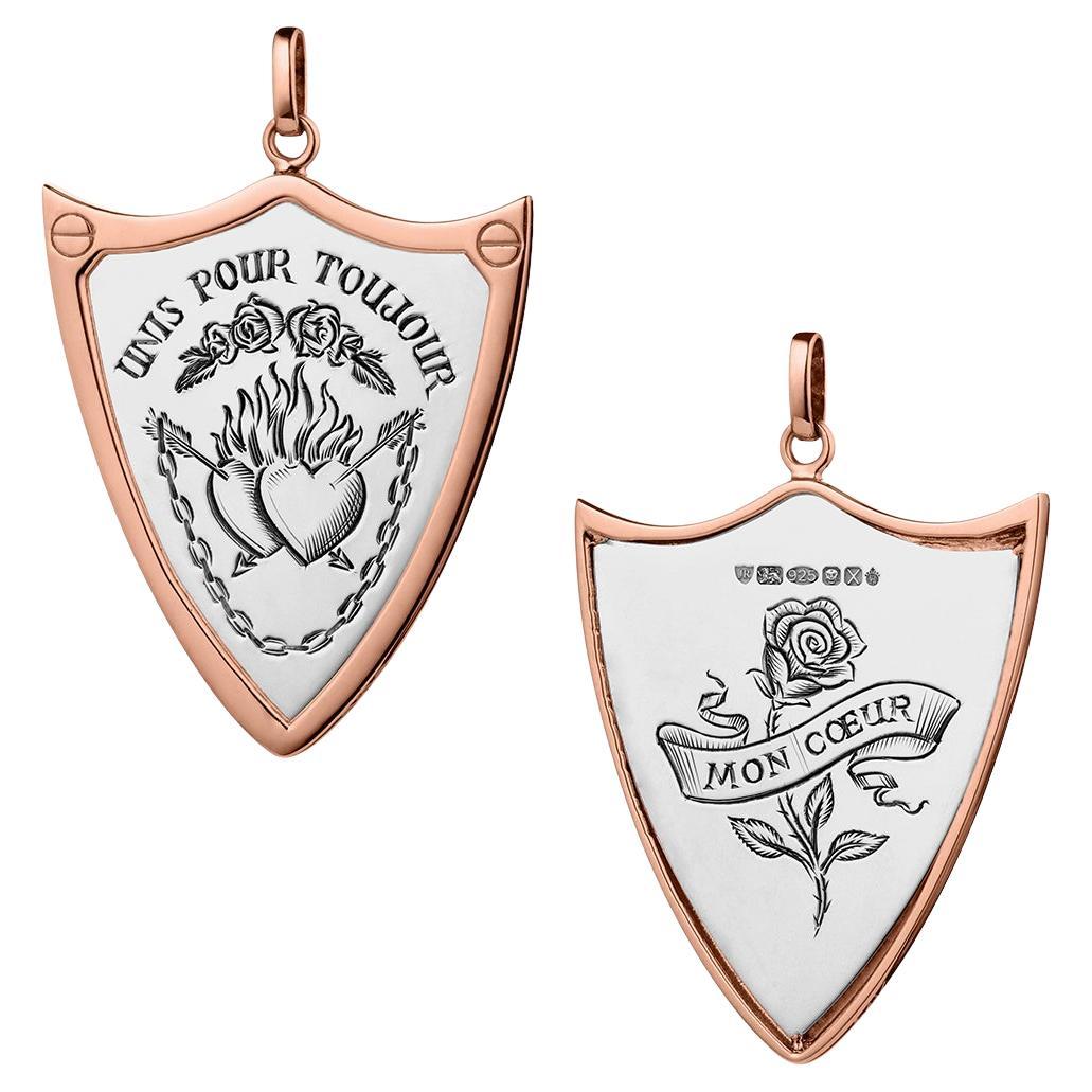 Ciondolo a forma di scudo d'amore in oro rosa 14K e argento sterling in vendita