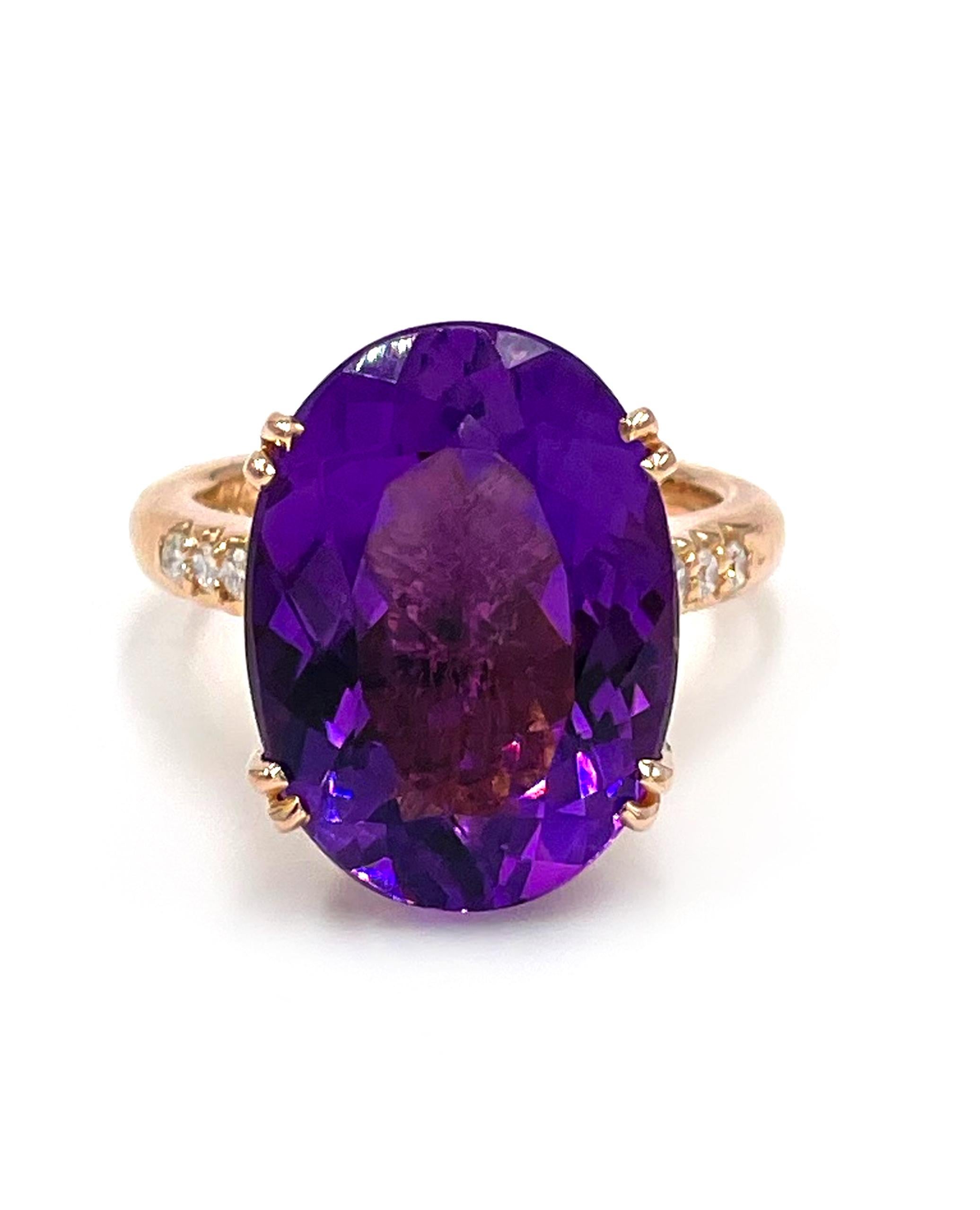 14K rose gold antique inspired ring featuring one center oval shape amethyst weighing 10.75 carats.  The ring is also furnished with 50 round brilliant-cut diamonds 0.45 carats total weight. 

* Amethyst measures approximately 18.00 x 1 3.12mm
*