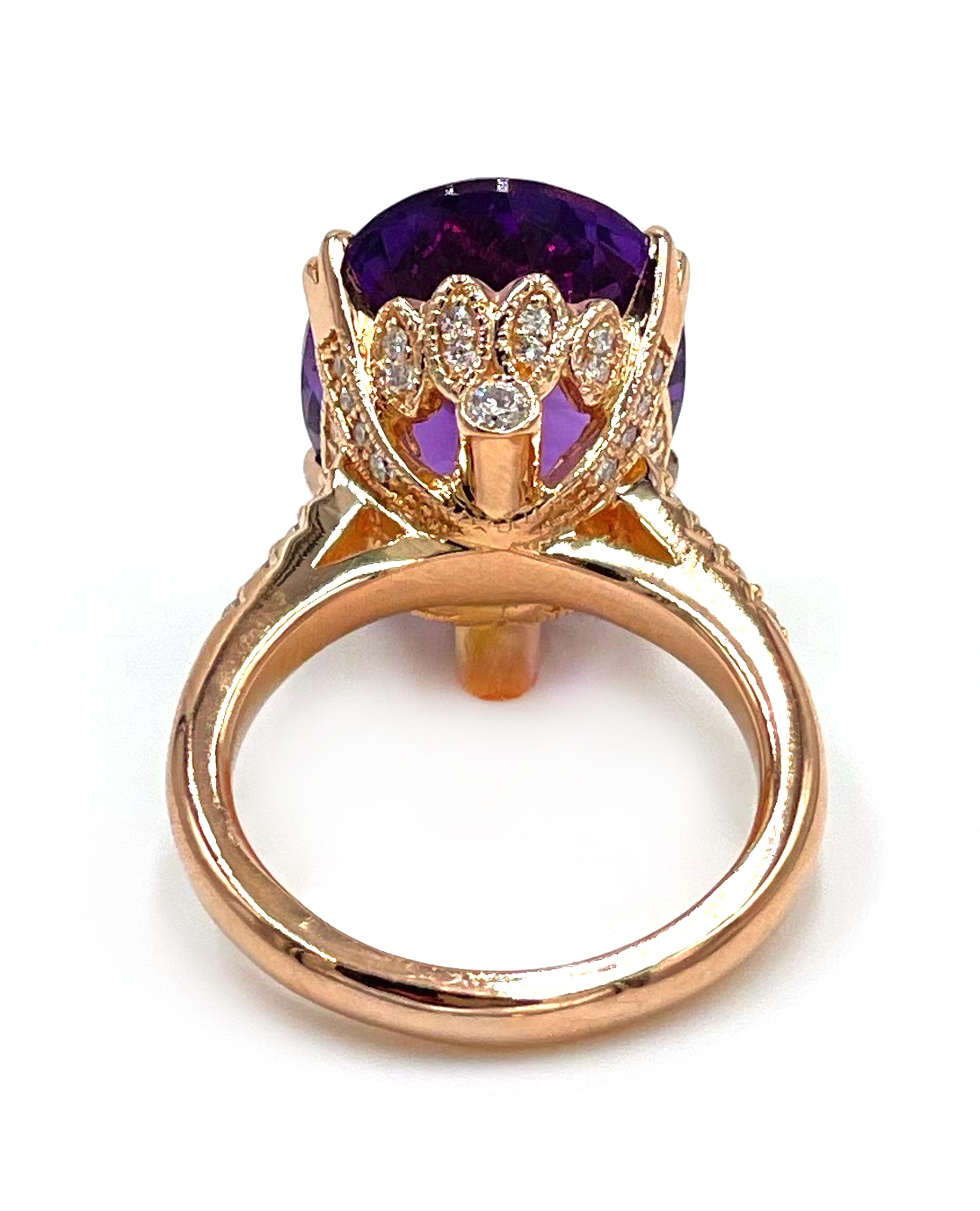 Contemporary 14K Rose Gold Antique Inspired Right Hand Ring with Diamonds and Amethyst For Sale