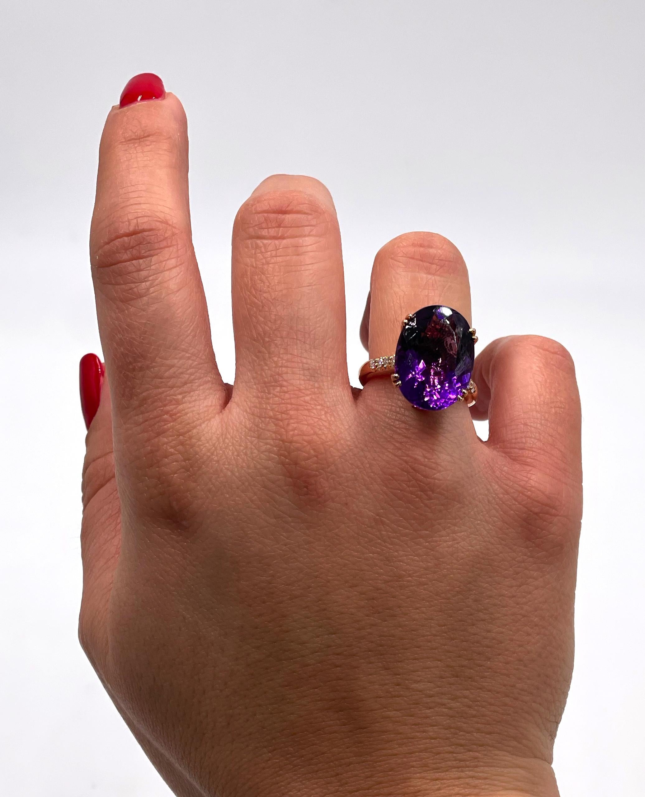 Oval Cut 14K Rose Gold Antique Inspired Right Hand Ring with Diamonds and Amethyst For Sale