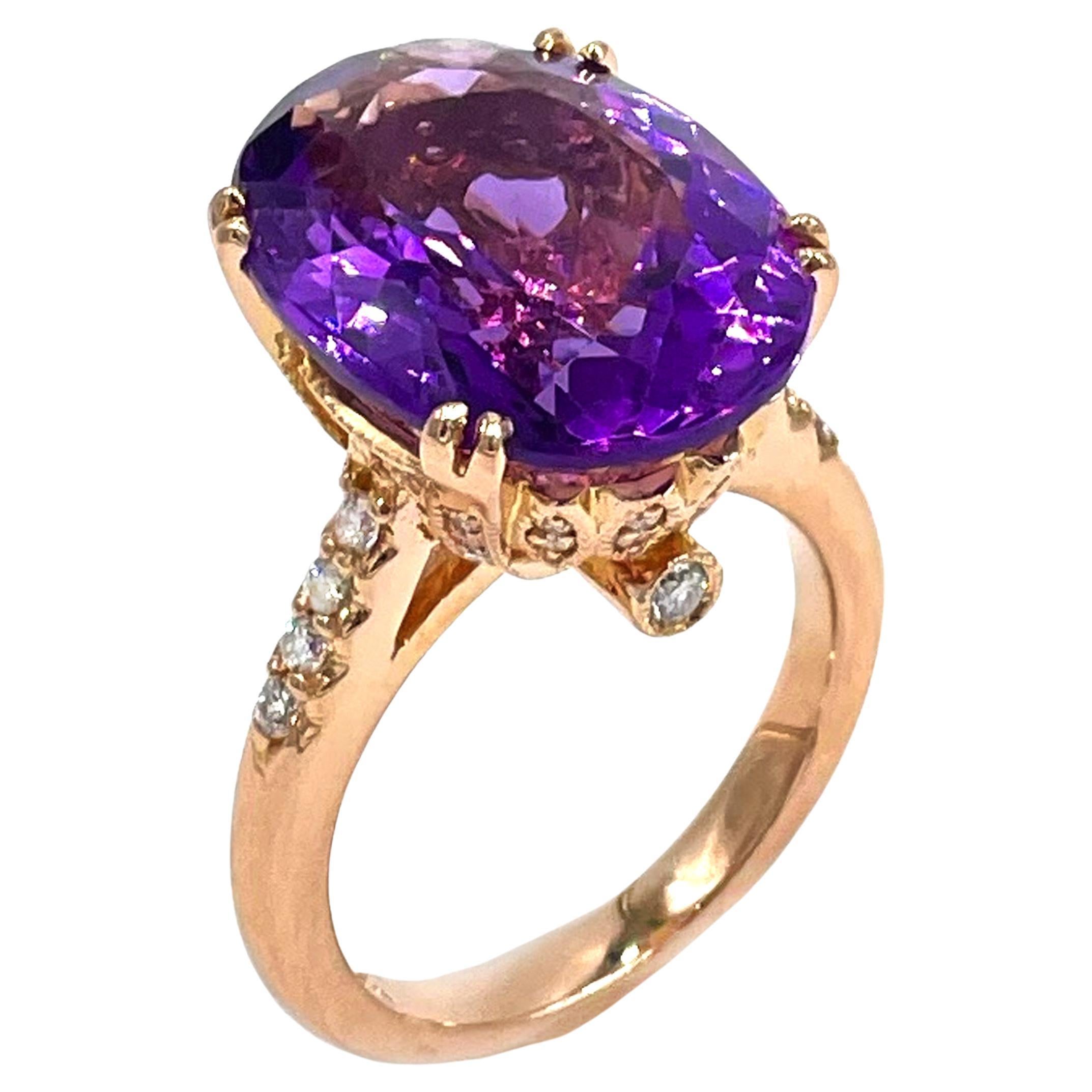 14K Rose Gold Antique Inspired Right Hand Ring with Diamonds and Amethyst For Sale