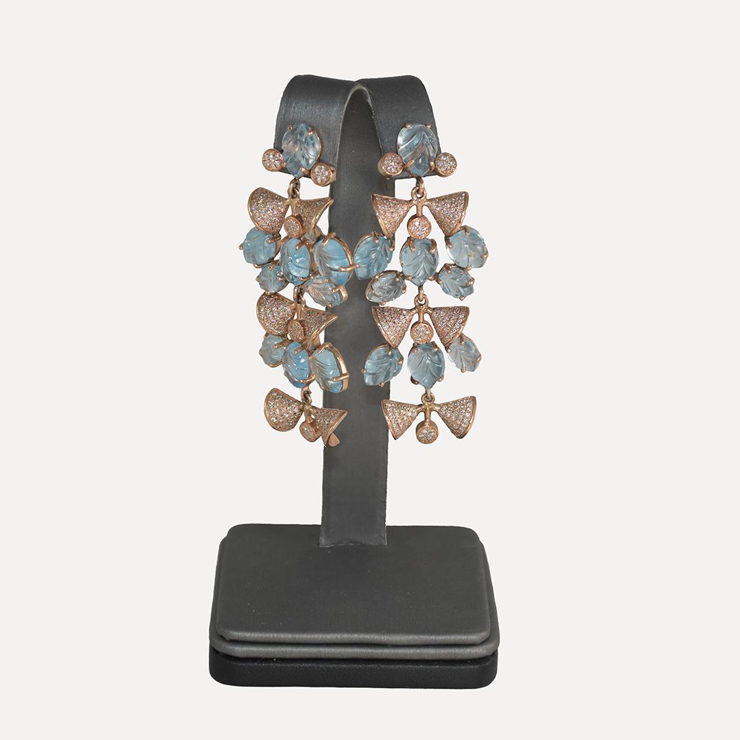 Taglio rotondo Orecchini Chandelier in oro rosa 14K con acquamarina e diamanti in vendita